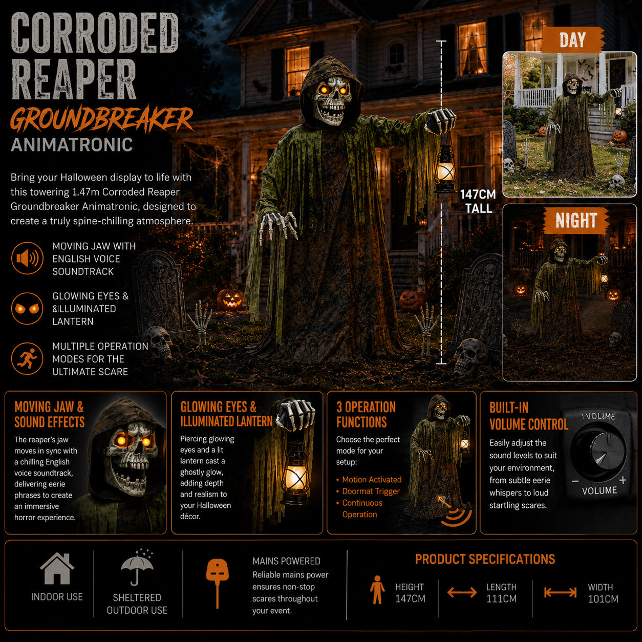 1.47m Tall Light up Corroded Rise Up Reaper Skeleton Halloween Animatronic Decoration