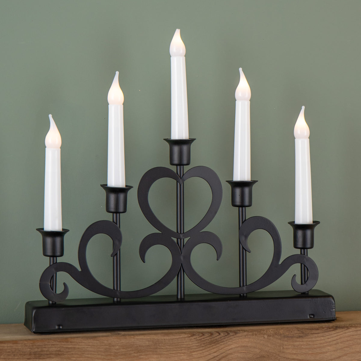 32cm Battery Operated Light up Black Metal Christmas Candlebridge with 5 LEDs