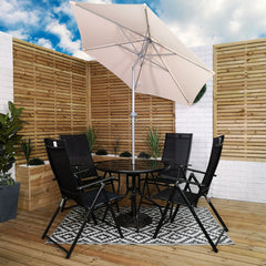 Outdoor 4 Person Round Glass Top Garden Patio Dining Table Chairs Cream Parasol and Base Set