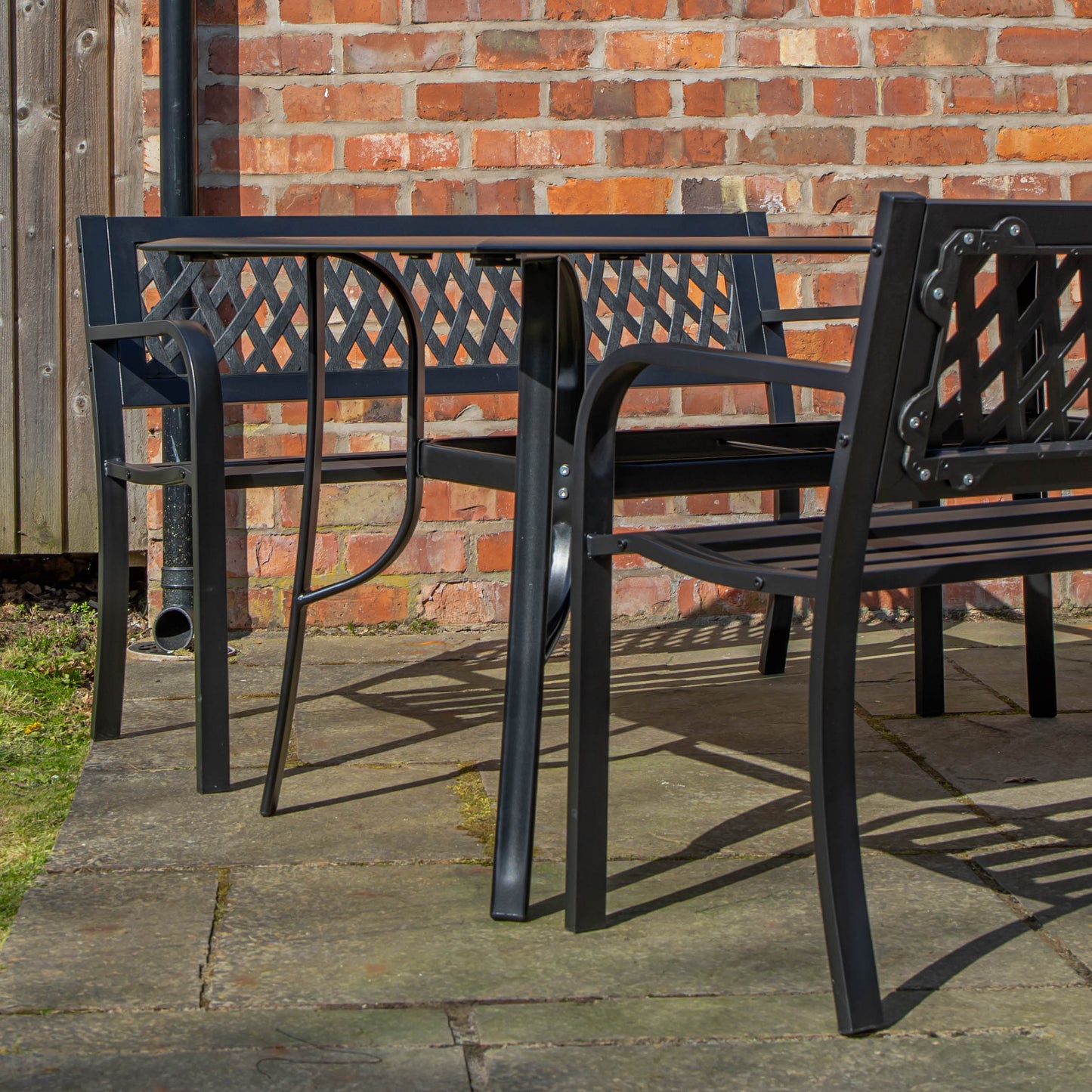 Outdoor 4 Person Rectangular Glass Top Garden Dining Table and 2 Benches Set