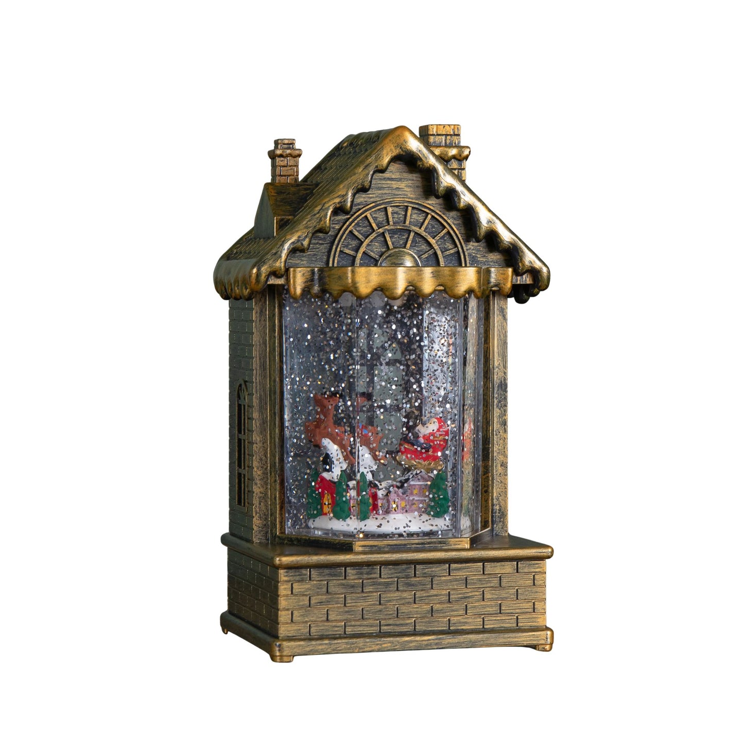 20cm Dual Powered Light up Christmas House Water Spinner with Santa in Sleigh Scene and LEDs