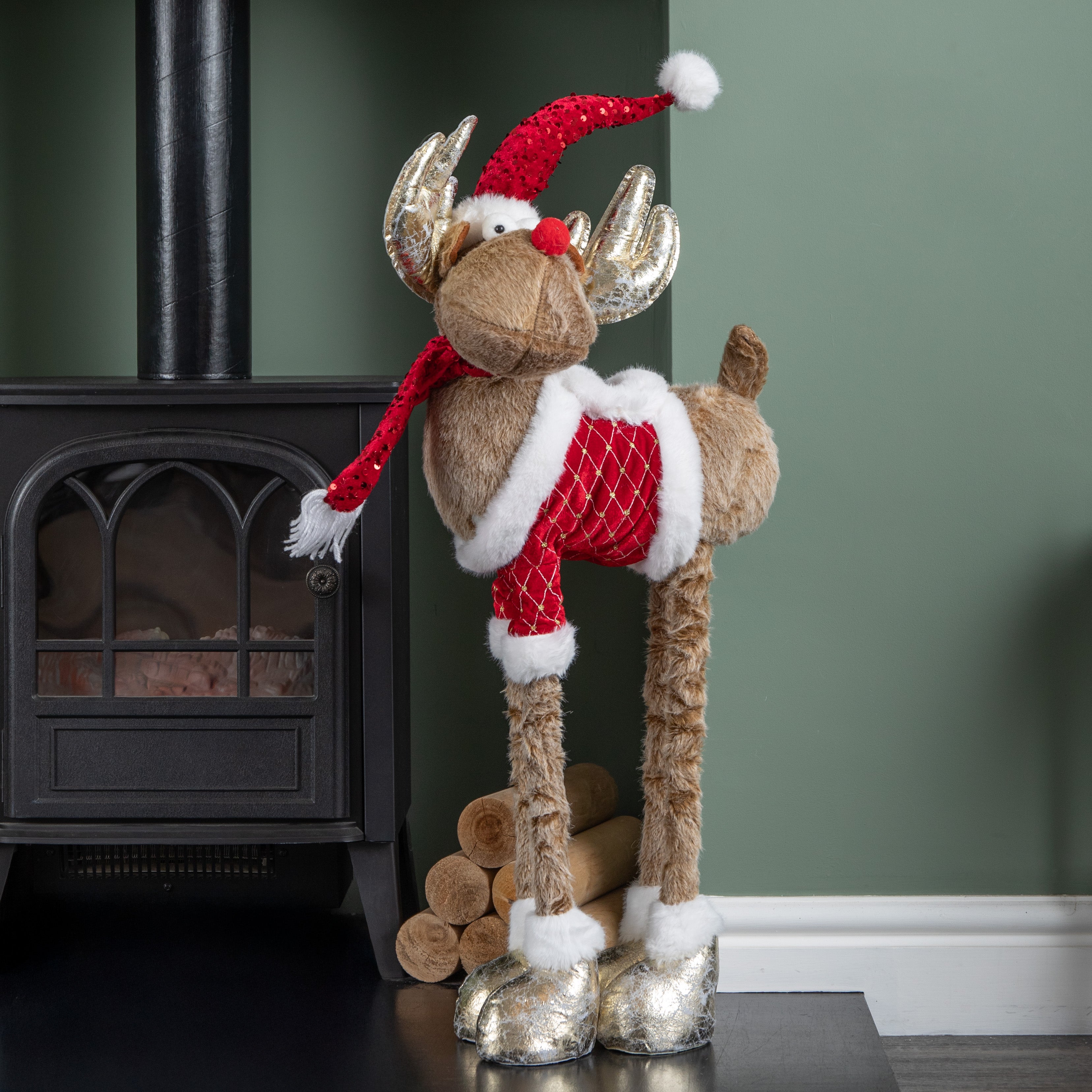 91cm Tall Plush Festive Golden Rudolph Christmas Decoration with Extendable Legs