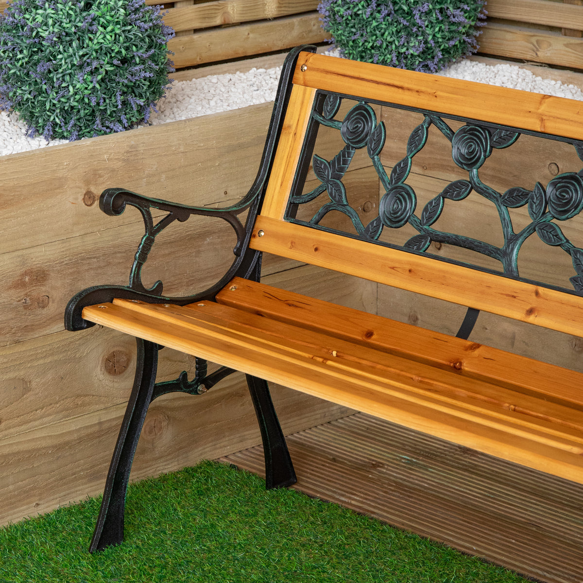 2 Seater Outdoor Wooden & Cast Iron Garden Bench with Rose Design