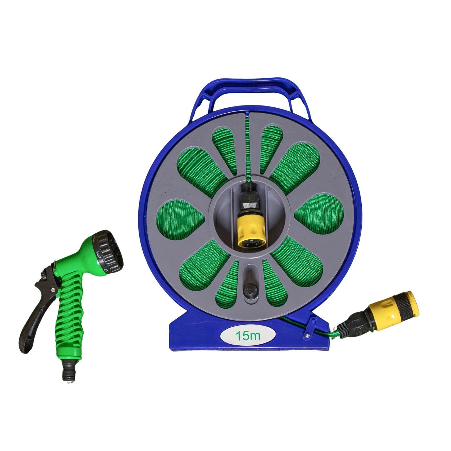 Factory Seconds: 15m Flat Garden Hose Pipe with Spray Nozzle and Wind up Storage Reel