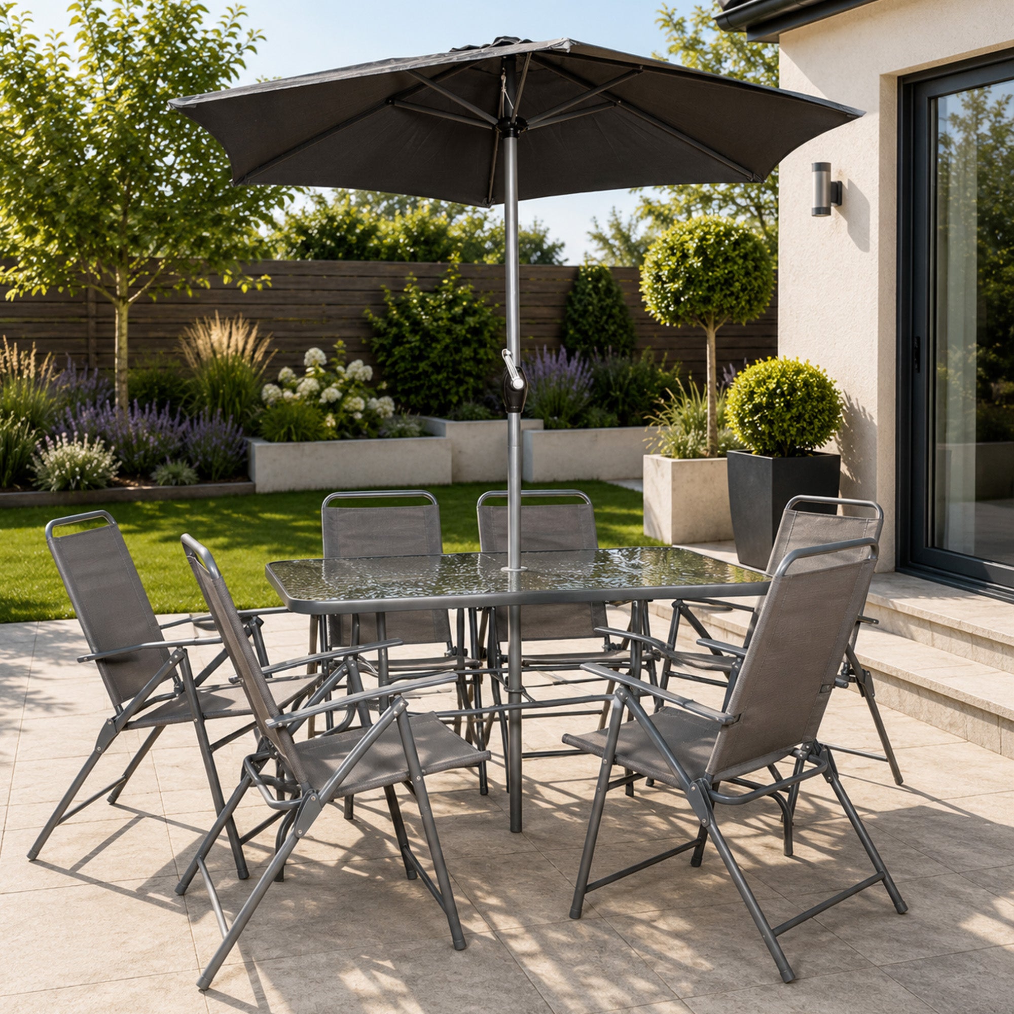 Samuel Alexander Outdoor 6 Seater Glass Top Table and Chairs Patio Set with Parasol in Grey