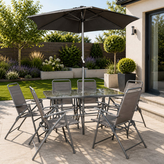 Samuel Alexander Outdoor 6 Seater Glass Top Table and Chairs Patio Set with Parasol in Grey