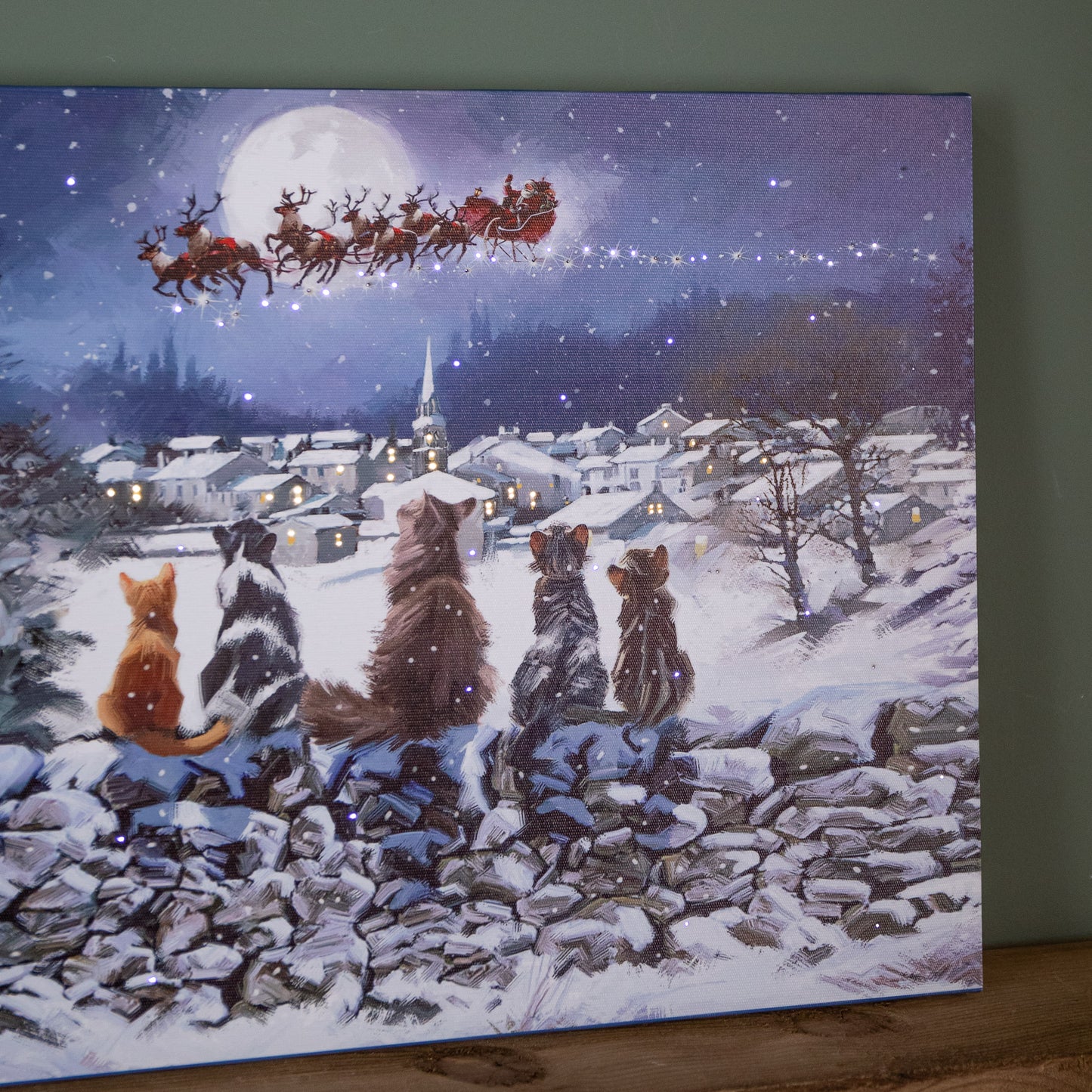 40 x 30cm Touch Operated Fibre Optic Christmas Wall Art Canvas with Cat Scene