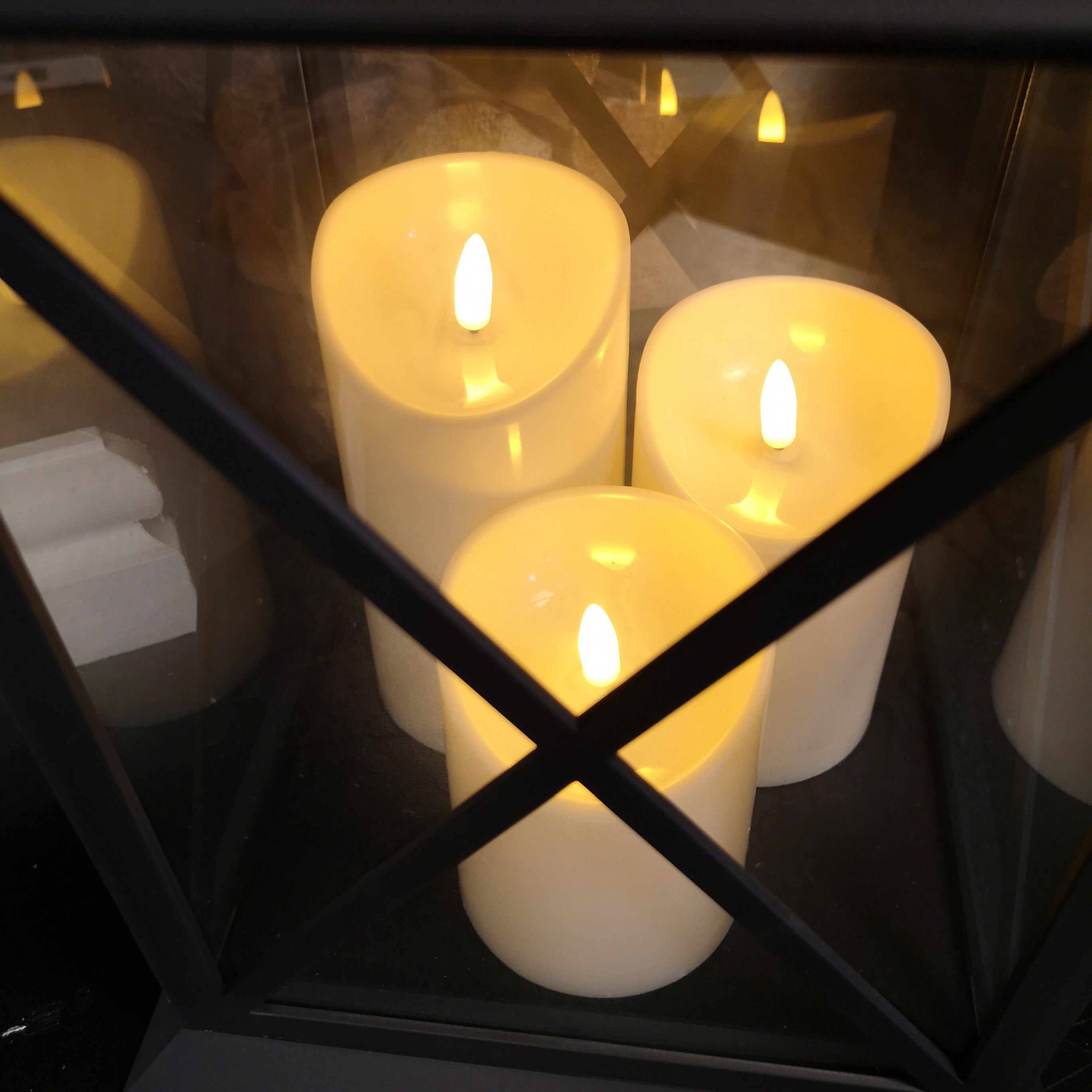 40cm Battery Operated Triple Lantern with Timer in Black