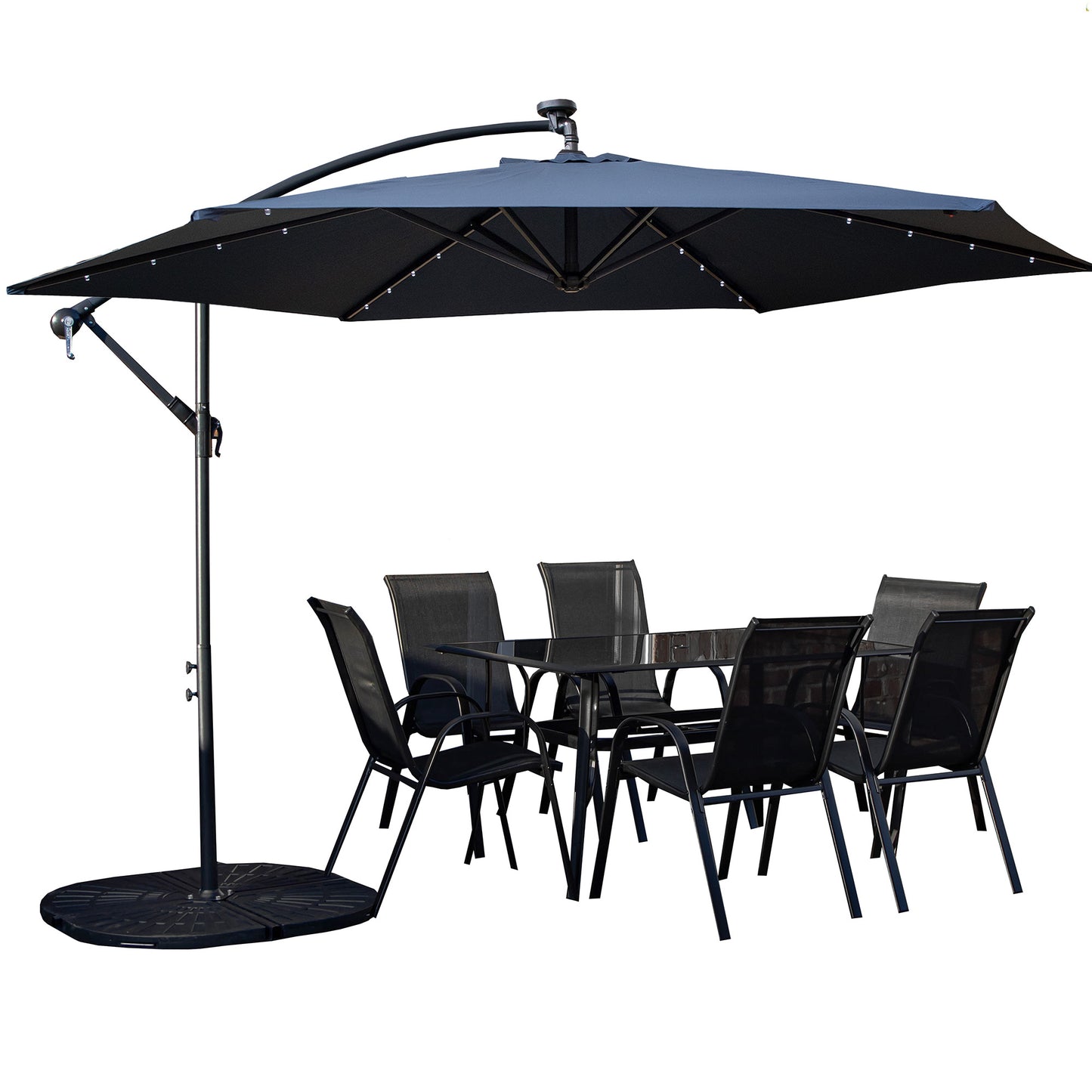 Outdoor 6 Person Rectangular Glass Top Garden Dining Table Chairs With Blue Banana Lit Parasol and Base