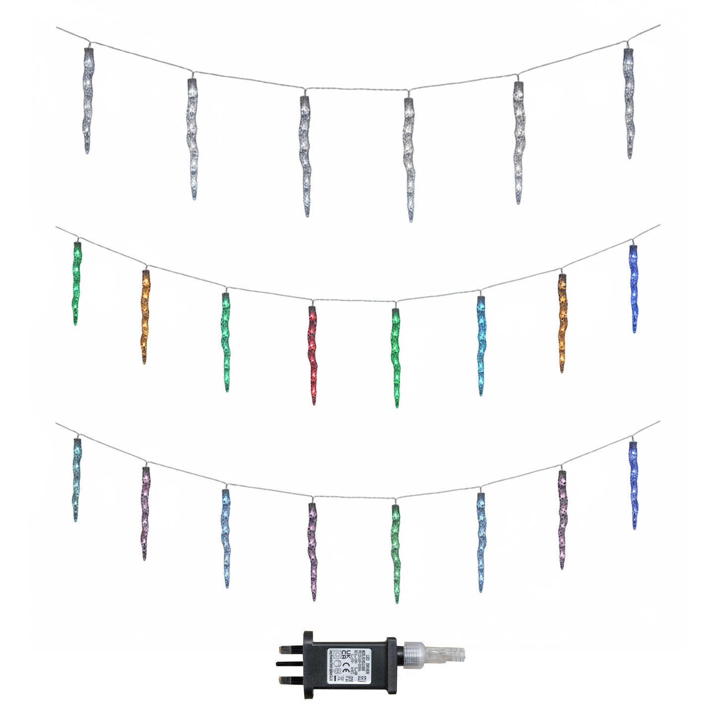 Set of 10 Light up Christmas Smart Icicle Lights with 50 Cool White & Multi-Coloured LEDs