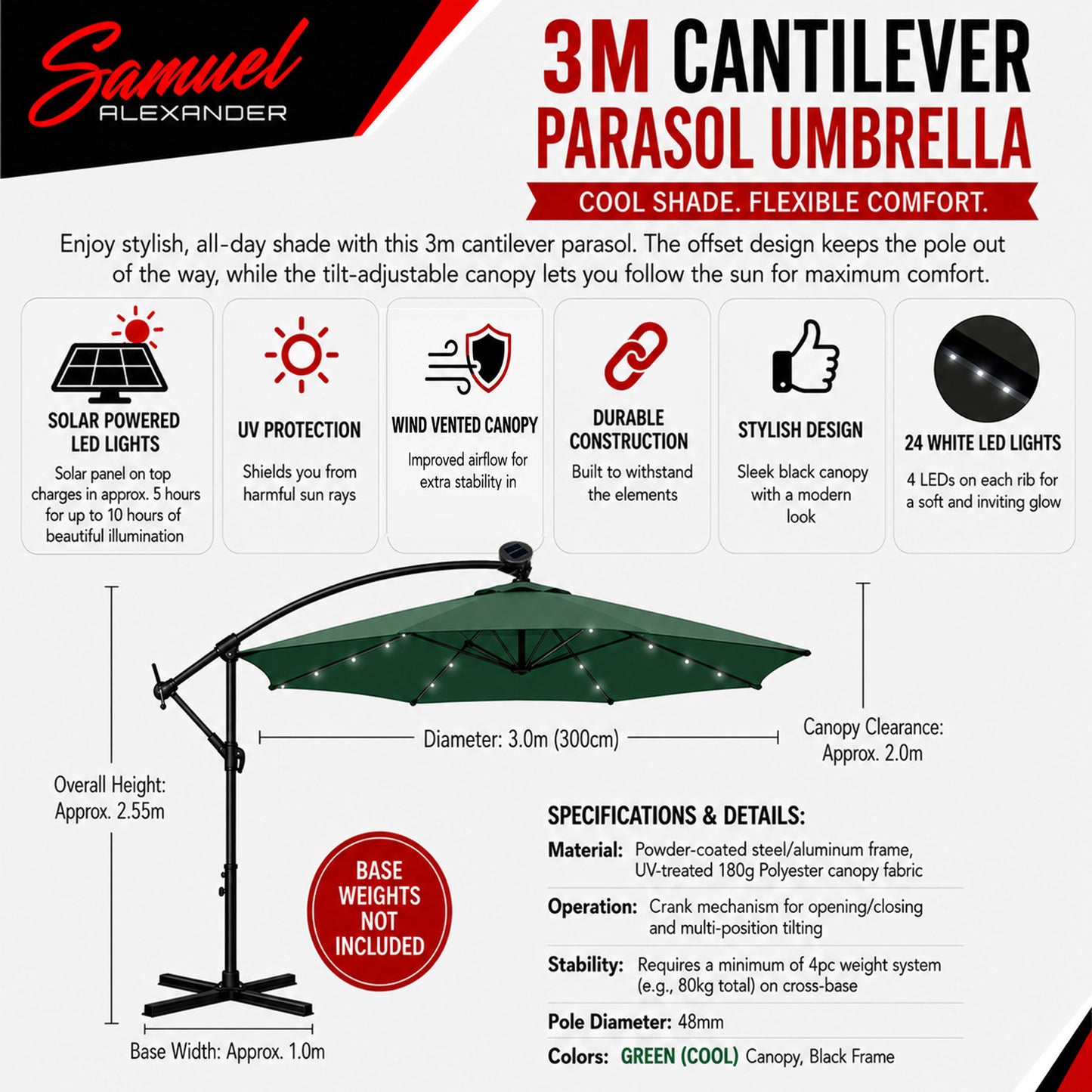 Samuel Alexander 3m Solar Powered Cantilever Lit Banana Garden Parasol with Crank Handle & White LED Lights in Green