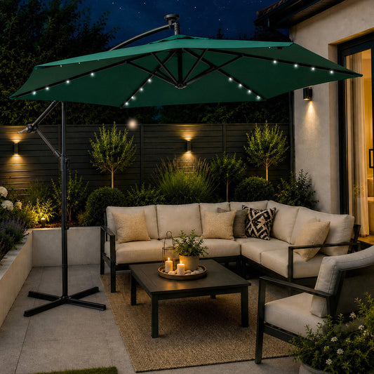 Samuel Alexander 3m Solar Powered Cantilever Lit Banana Garden Parasol with Crank Handle & White LED Lights in Green