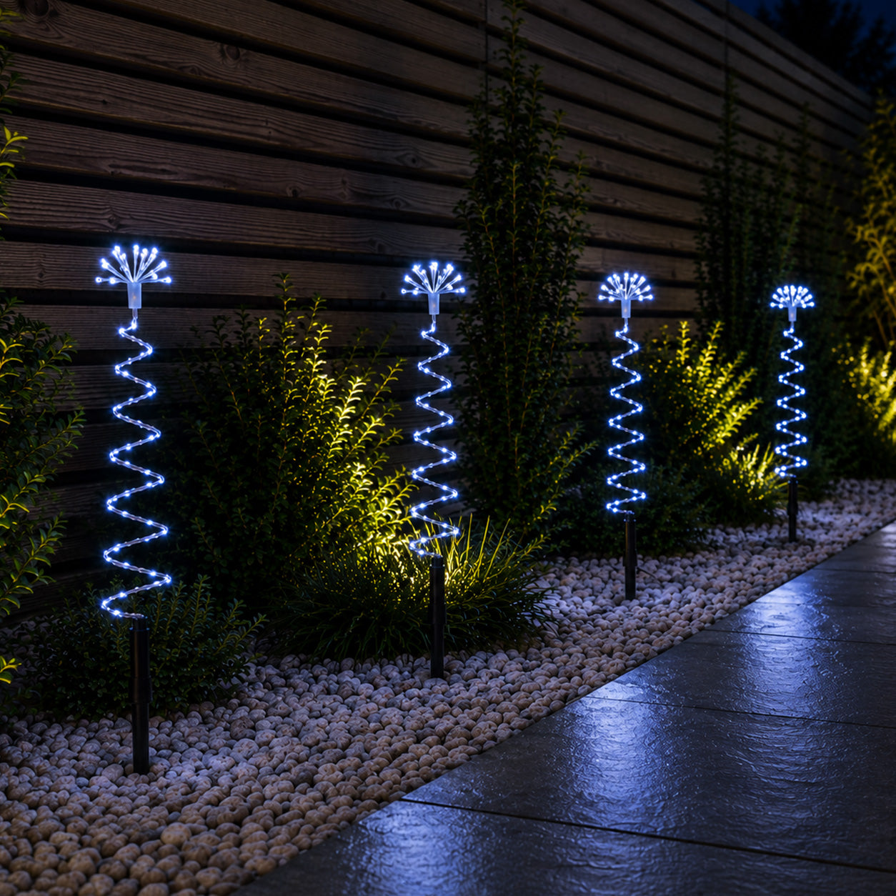 30cm Set of 4 Light up Silver Spiral Shaped Christmas Tree Garden Path Lights with 200 White LEDs