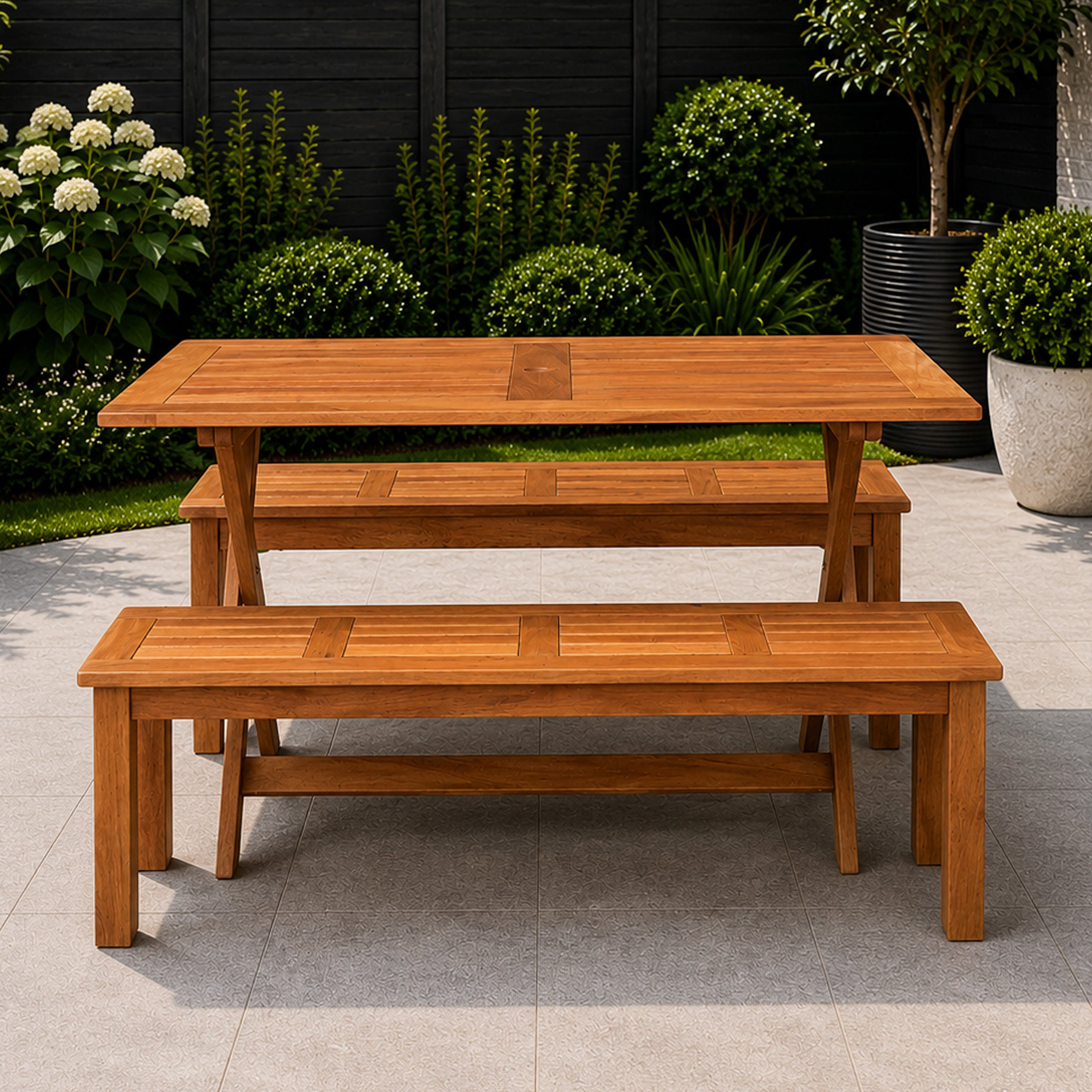 Outdoor 4 Person Rectangular Wooden Garden Dining Table with 2 Benches