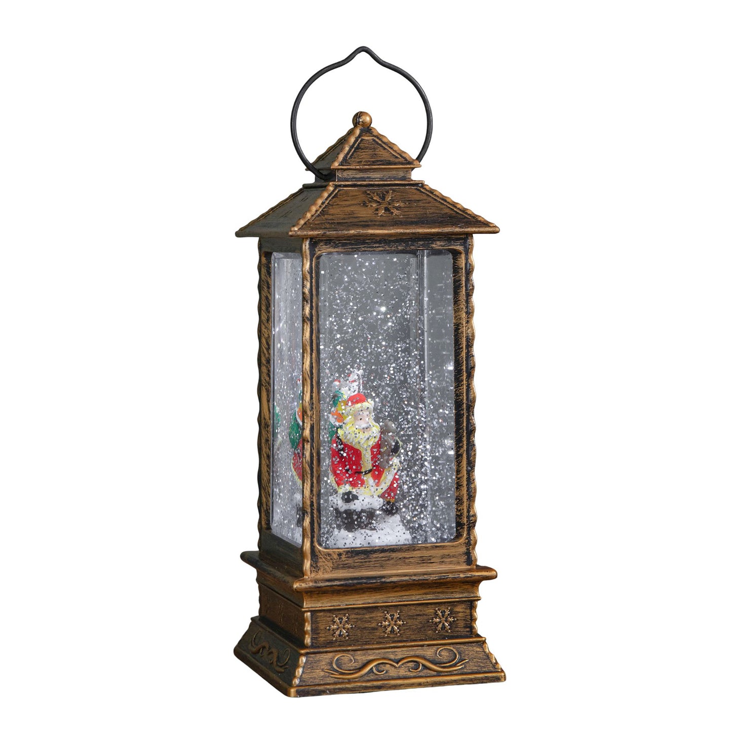 27cm Dual Powered Light up Antique Lantern Christmas Water Spinner with Santa Scene