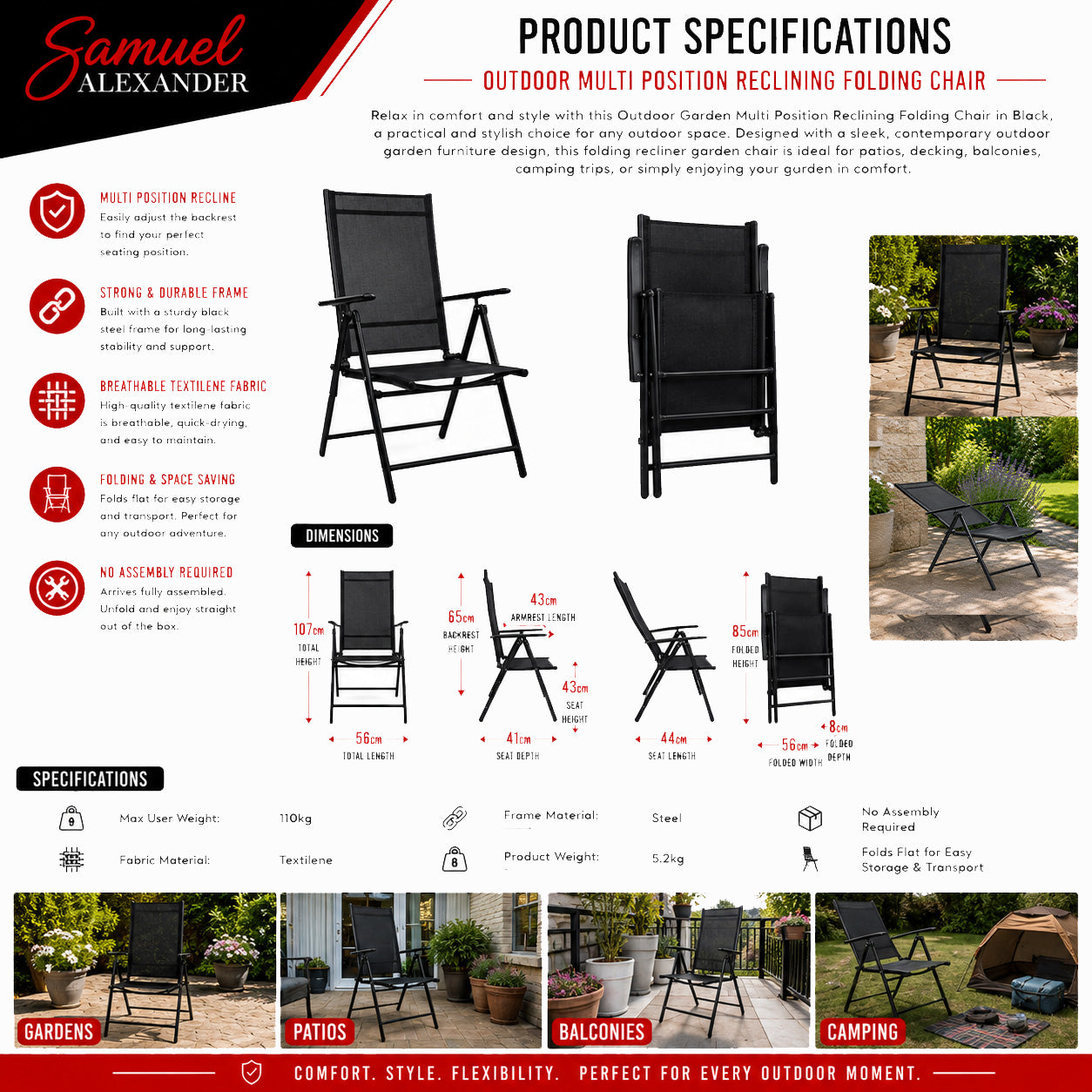 Outdoor Garden Patio Multi Position Reclining Folding Chair in Black