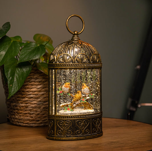 24cm Dual Powered Light up Christmas Robin Scene Water Spinner with Warm White LEDs