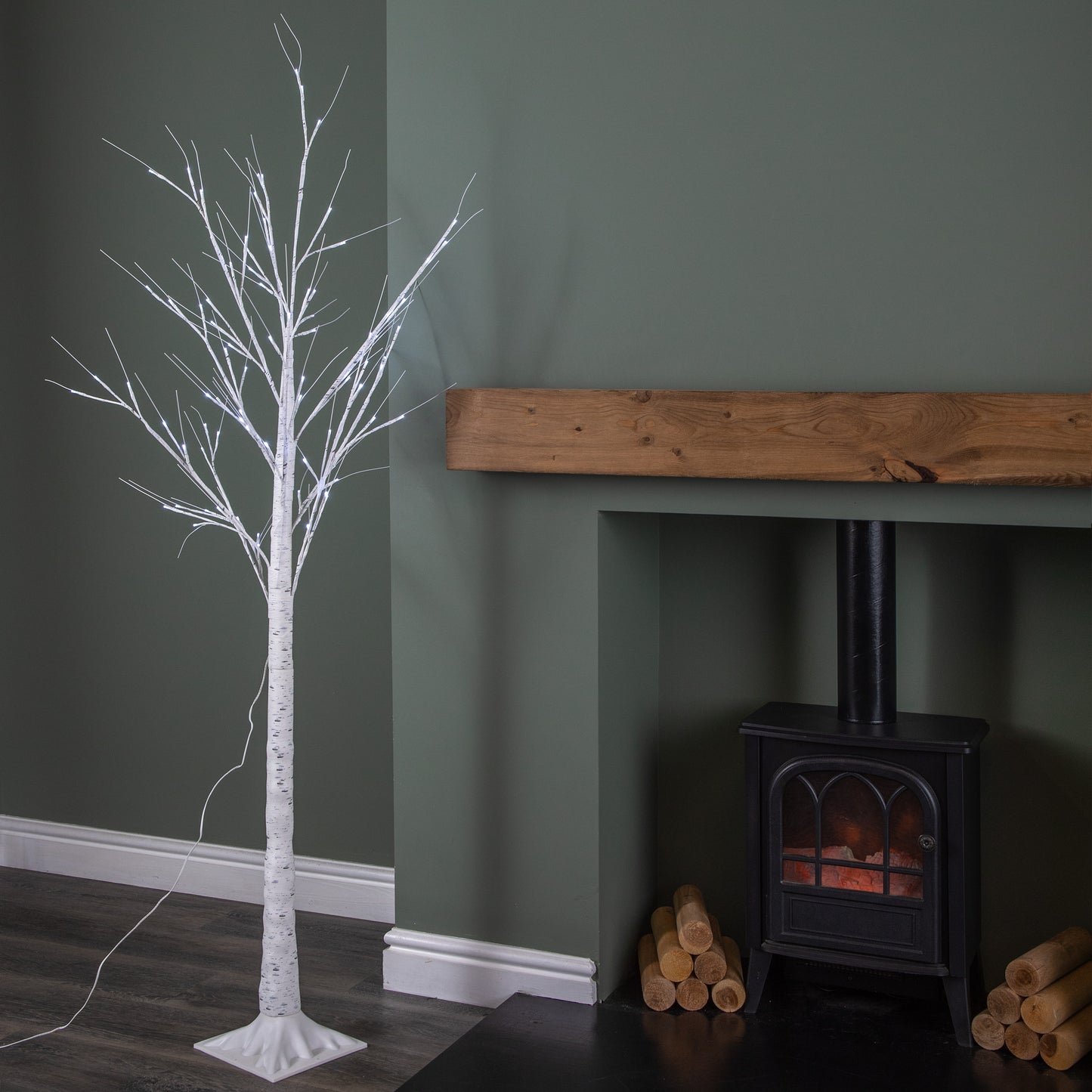 1.8m (6ft) Light up White Christmas Birch Tree with 80 Ice White LEDs