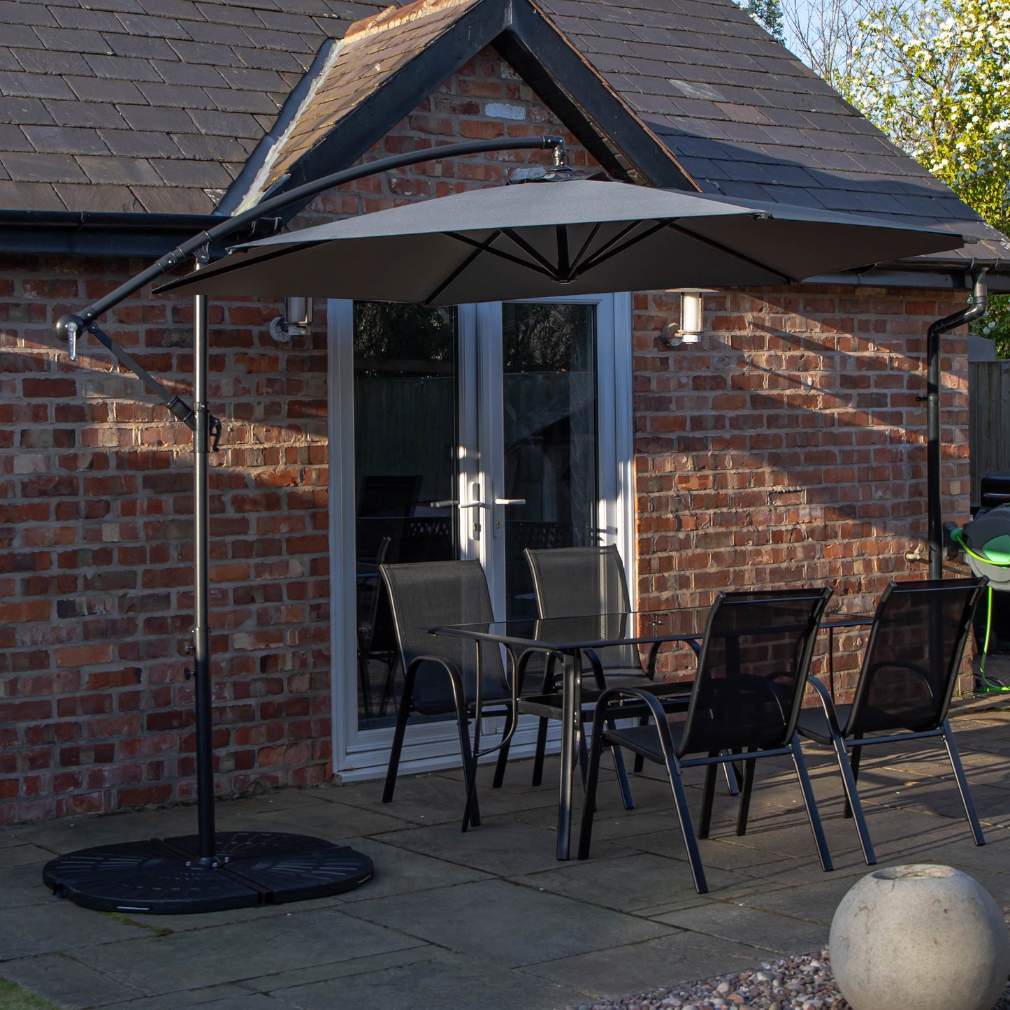 Outdoor 4 Person Rectangular Glass Top Garden Dining Table Chairs With Grey Banana Parasol and Base