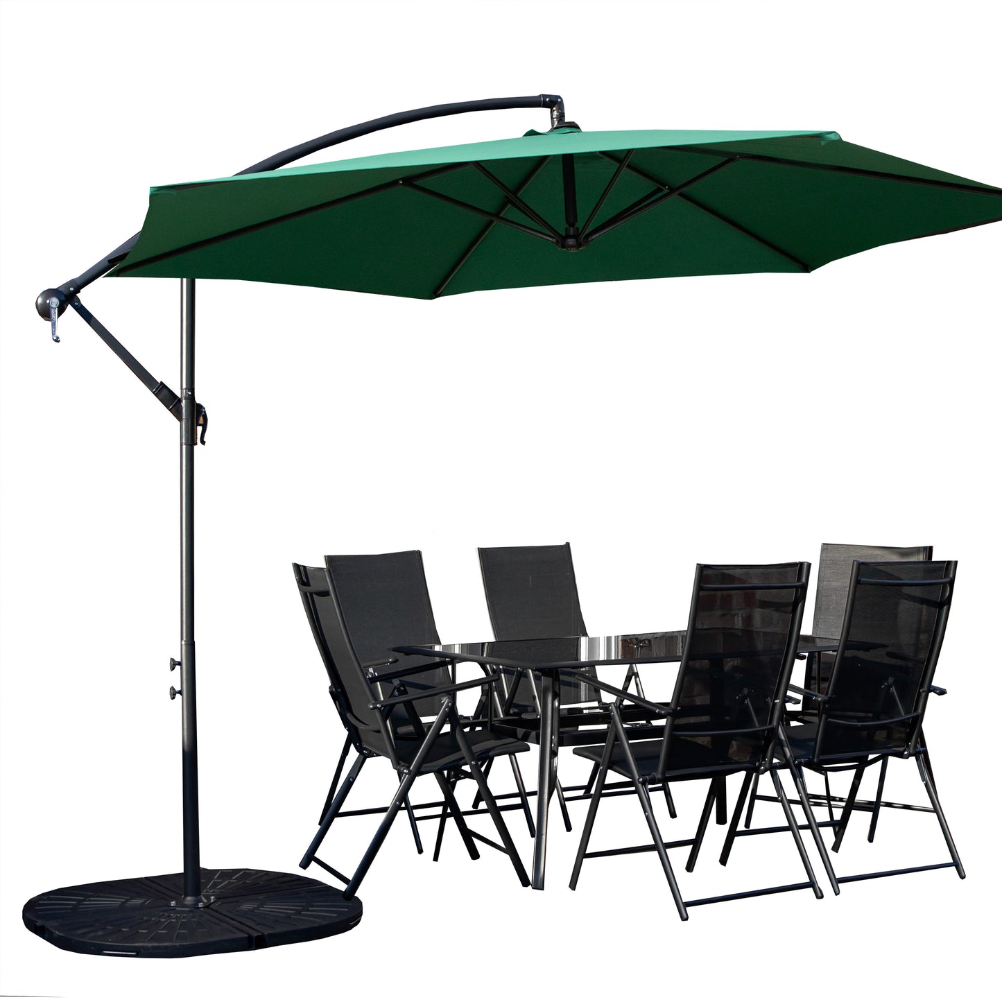 Outdoor 6 Person Rectangular Glass Top Garden Dining Table Chairs With Green Banana Parasol and Base Set