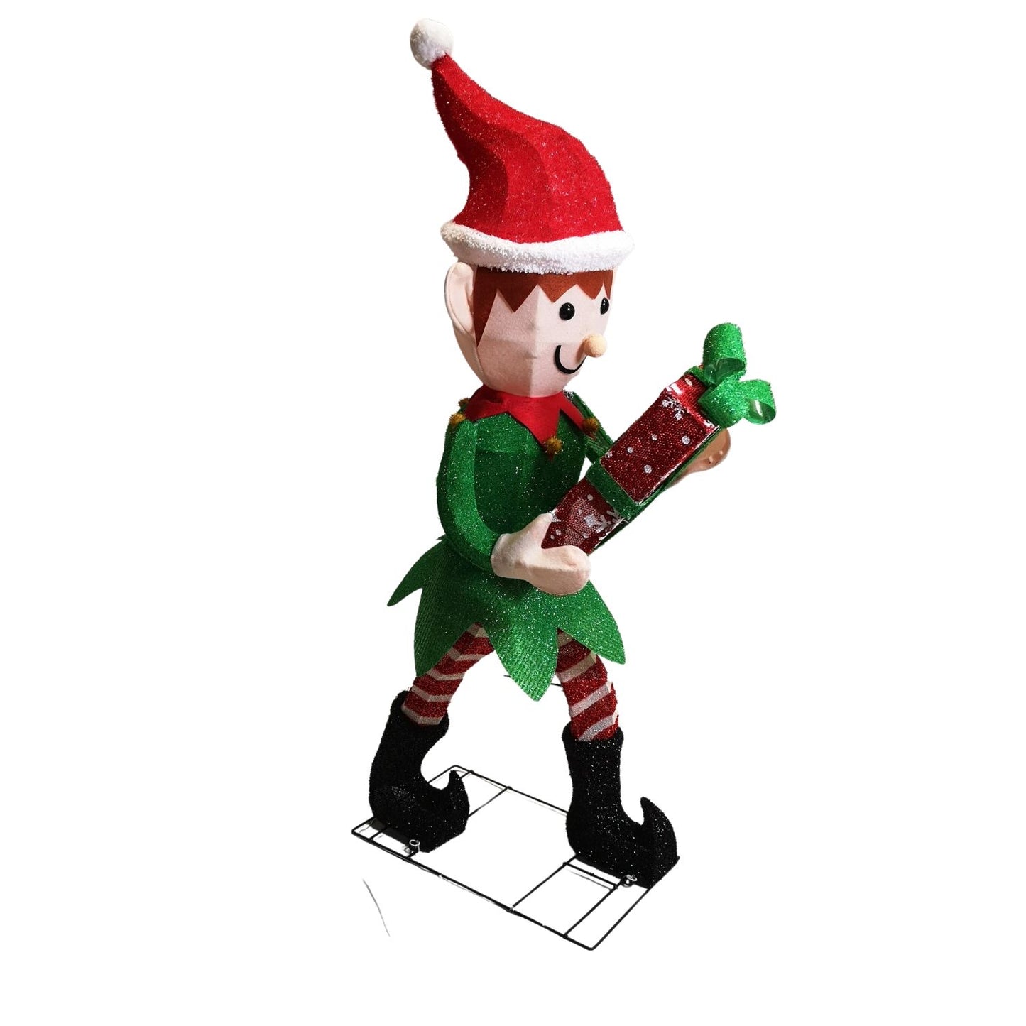 107cm Warm White LED Lit Elf Character with Present Christmas Decoration in Green and Red