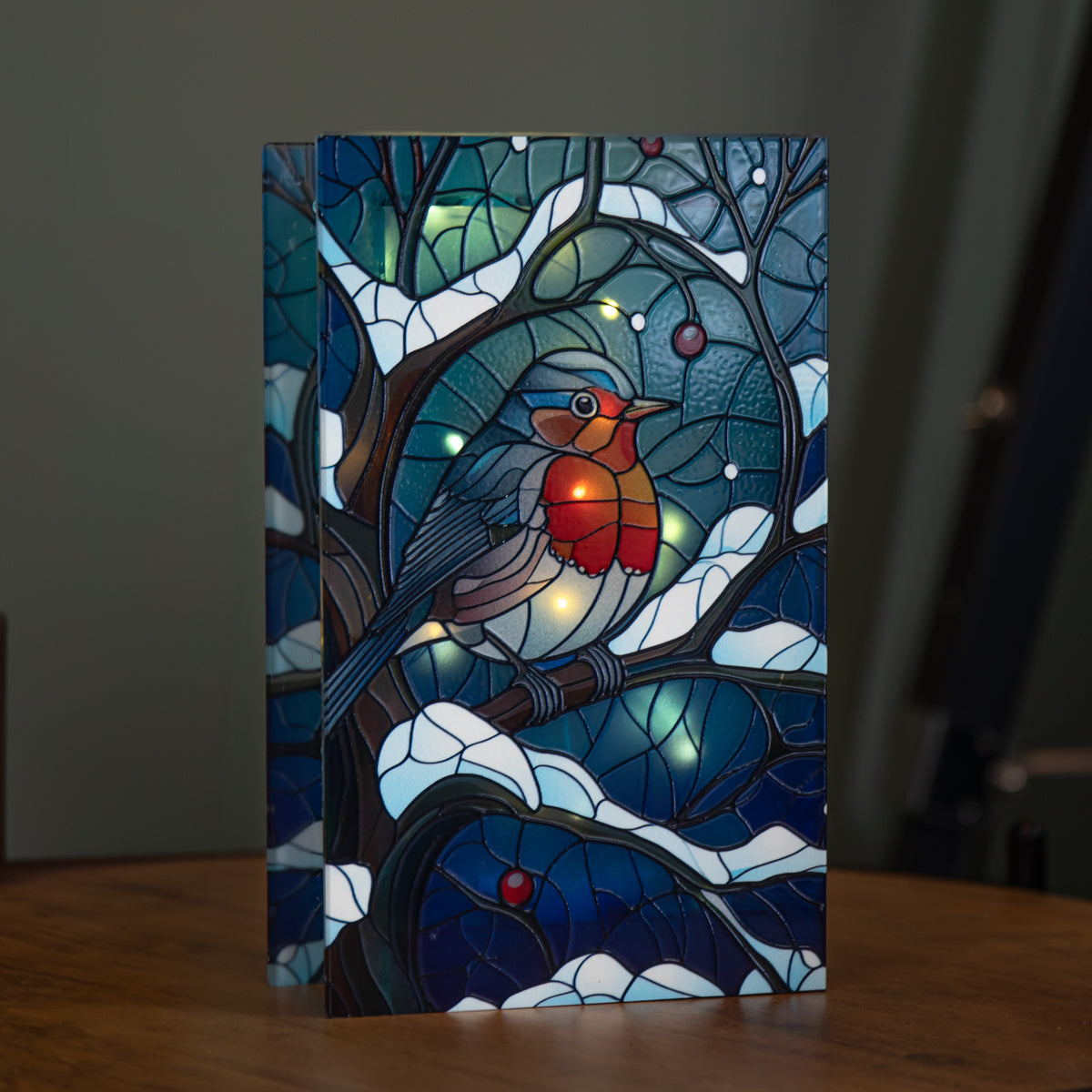 21cm Battery Operated Light up Stained Glass Christmas Decoration with Robin Scene & Warm White LEDs