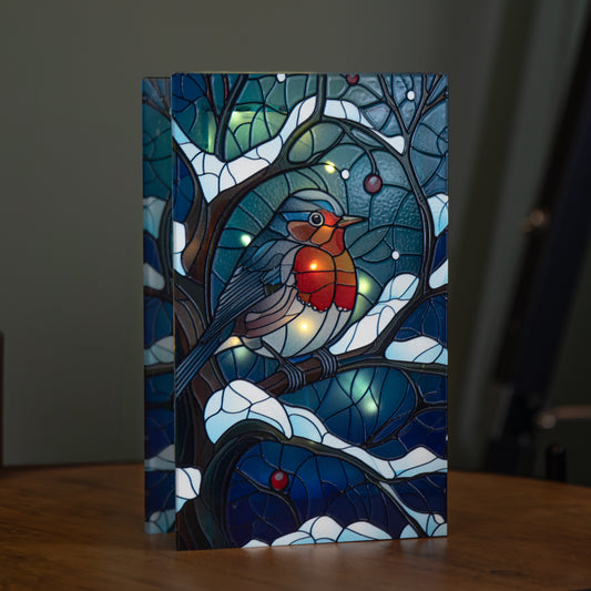 21cm Battery Operated Light up Stained Glass Christmas Decoration with Robin Scene & Warm White LEDs