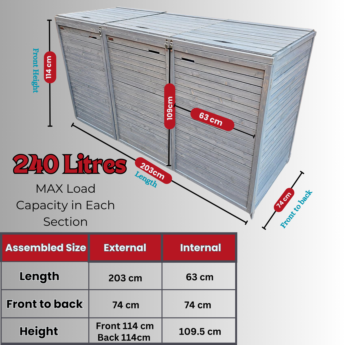 Factory Seconds 2.03m x 1.14m Large Grey Wooden Outdoor Garden Triple Wheelie Bin Store Storage for 3 Bins 