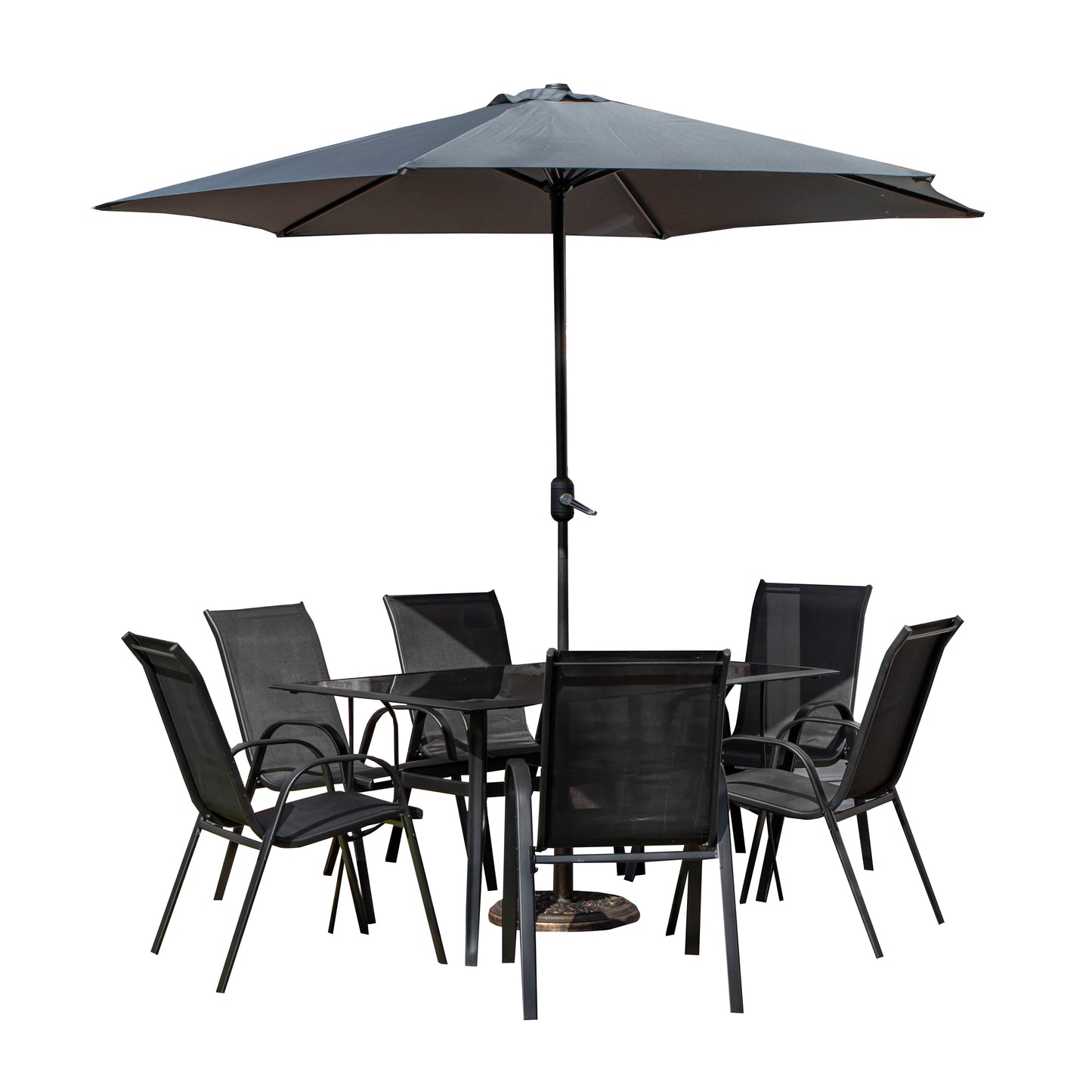 Outdoor 6 Person Rectangular Glass Top Garden Dining Table Chairs With Grey Parasol and Base Set