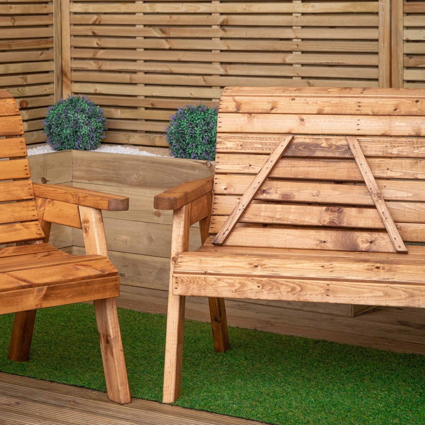 3 Seater Chunky Rustic Wooden Garden Furniture Set with Angled Tray