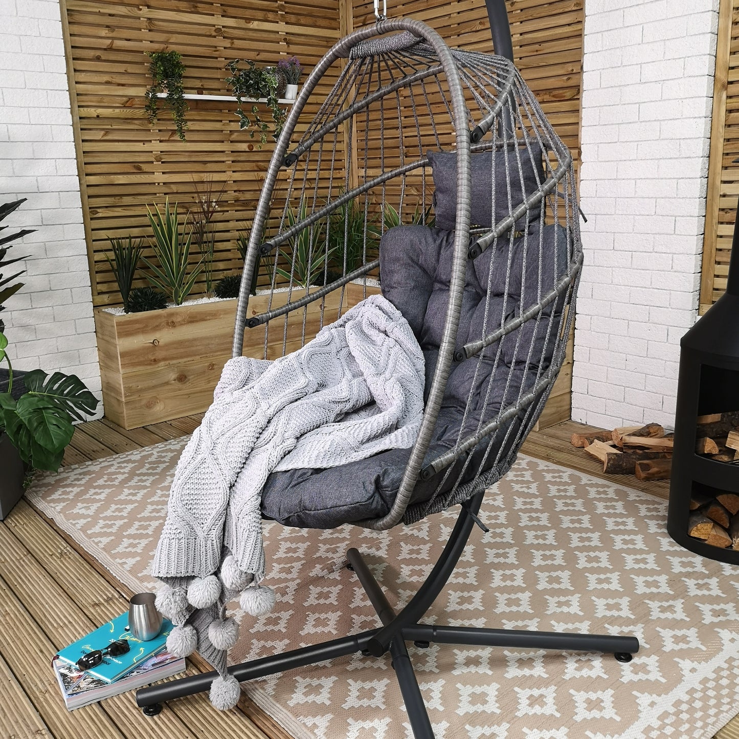 Factory Seconds: Samuel Alexander Grey Hanging Egg Chair With Stand Waterproof Cover And Cushions Steel Frame Rattan Outdoor Swing Chair Garden Seat Hammock Balcony Conservatory Furniture 