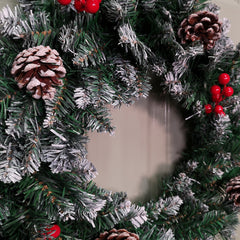 45cm Snow Tipped Green Wreath Christmas Decoration with 125 Tips, Pine Cones and Berries