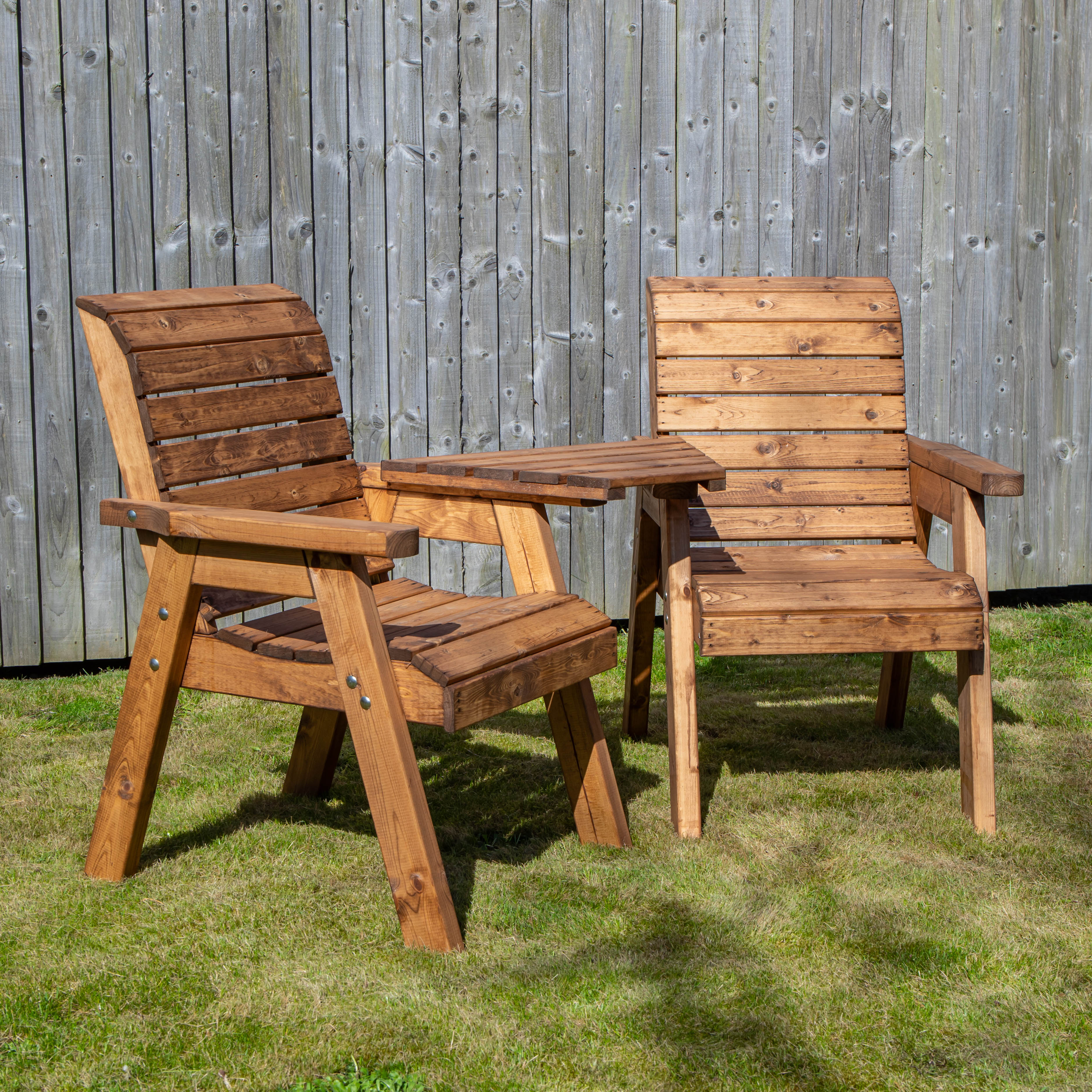 Charles Taylor Hand Made 2 Seater Chunky Rustic Wooden Garden Furniture Love Seat with Tray Flatpacked