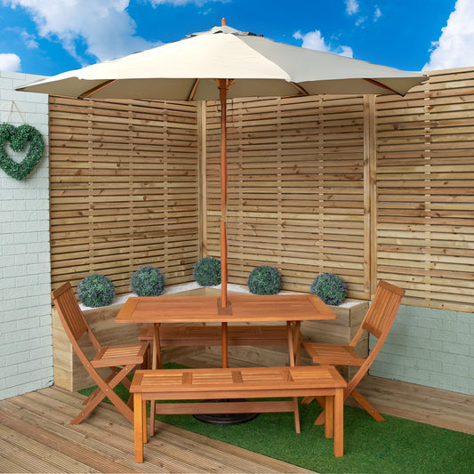Outdoor 6 Person Rectangular Wooden Garden Dining Table, 2 Benches, Chairs with Cream Parasol and Base Set