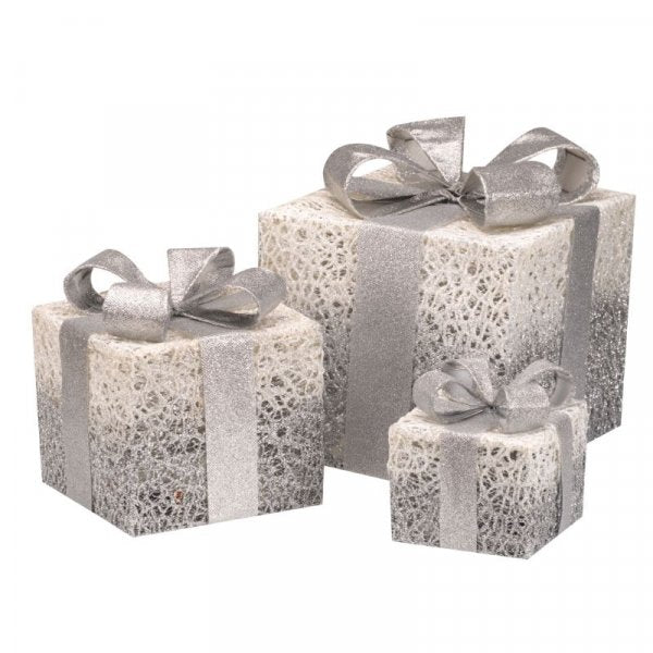 Set of 3 Battery Operated Silver Sparkly Christmas Gift Boxes with LEDs