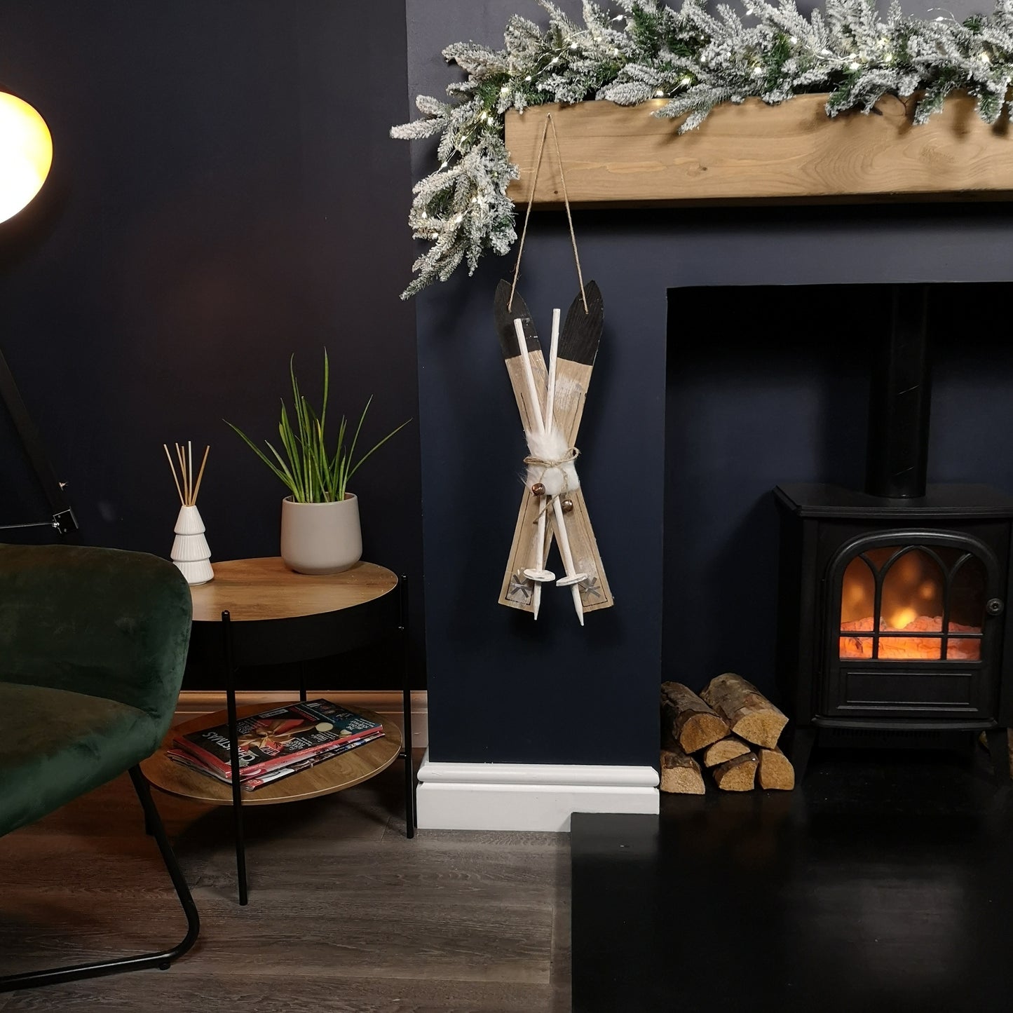 55cm Wooden Skis with Decorative White Fur and Silver Bells Christmas Decoration