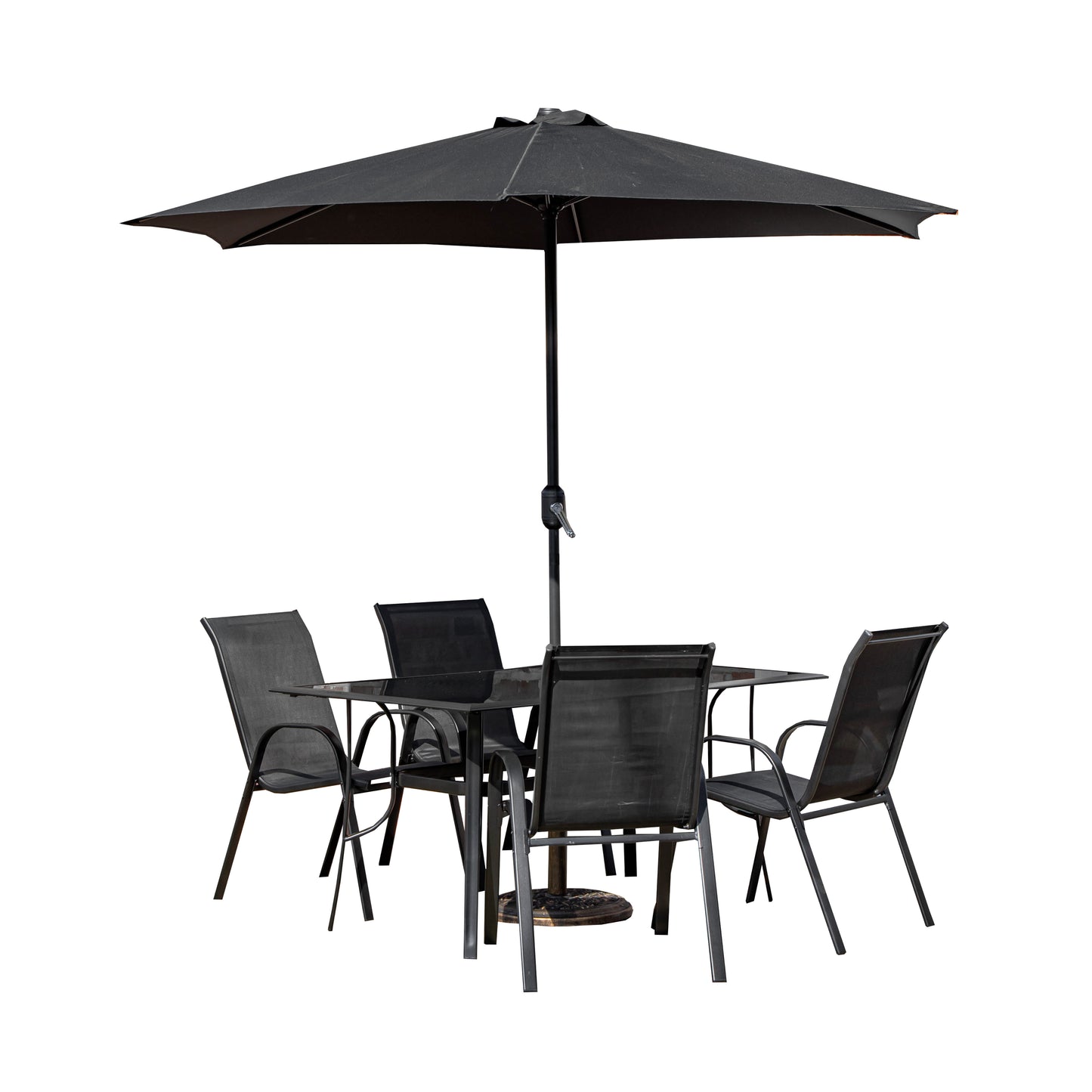 Outdoor 4 Person Rectangular Glass Top Garden Dining Table Chairs With Black Parasol and Base Set