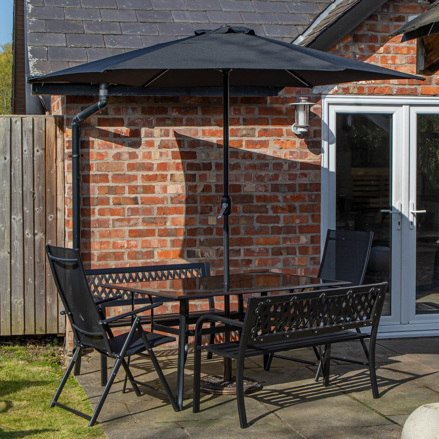 Outdoor 6 Person Rectangular Glass Top Garden Dining Table Benches & Chairs With Black Havana Parasol and Base Set