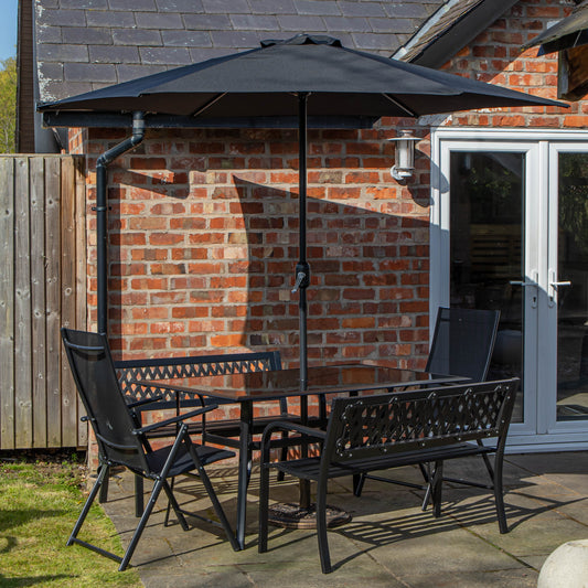 Outdoor 6 Person Rectangular Glass Top Garden Dining Table Benches & Chairs With Black Havana Parasol and Base Set