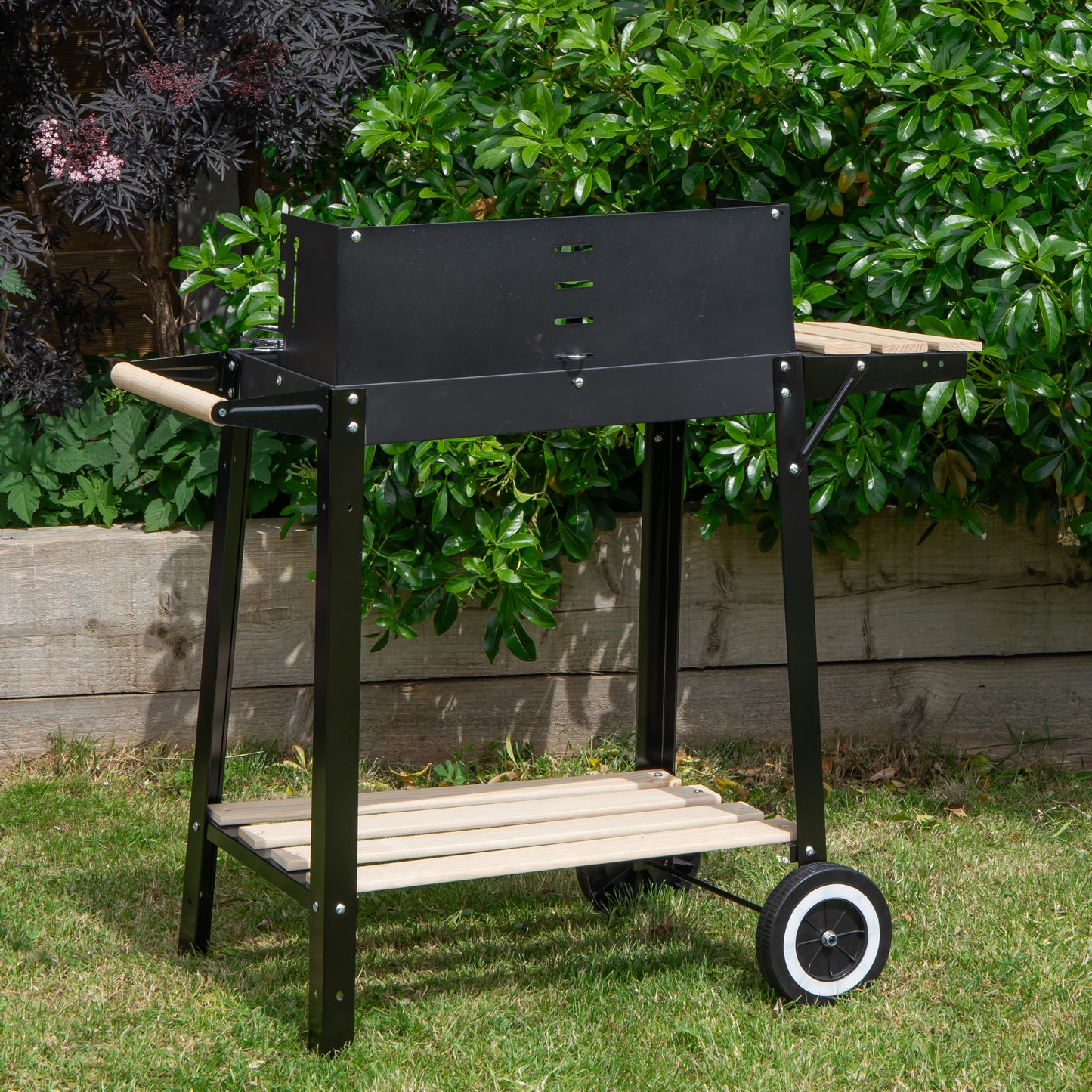 82 x 29cm Charcoal BBQ Grill Trolley with Shelves on Wheels