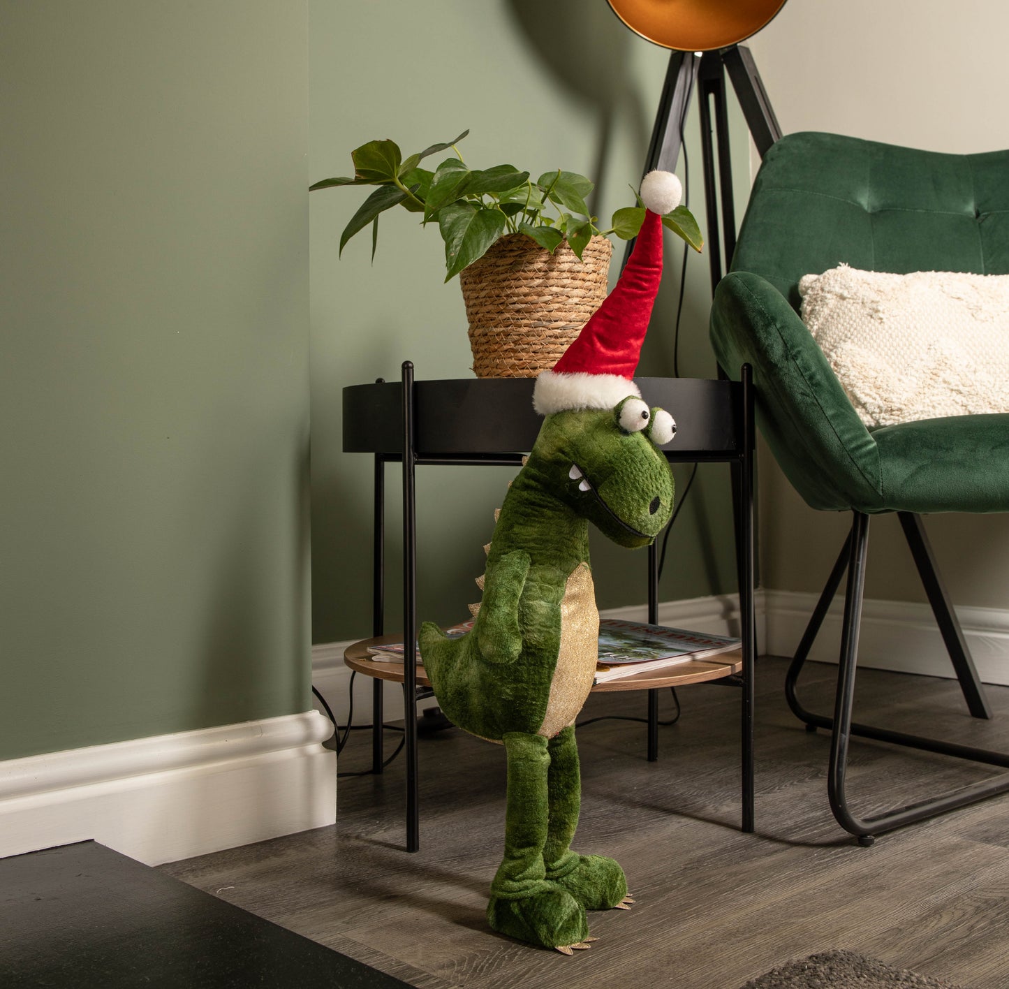 60cm Green Standing Christmas Dinosaur with Santa Hat