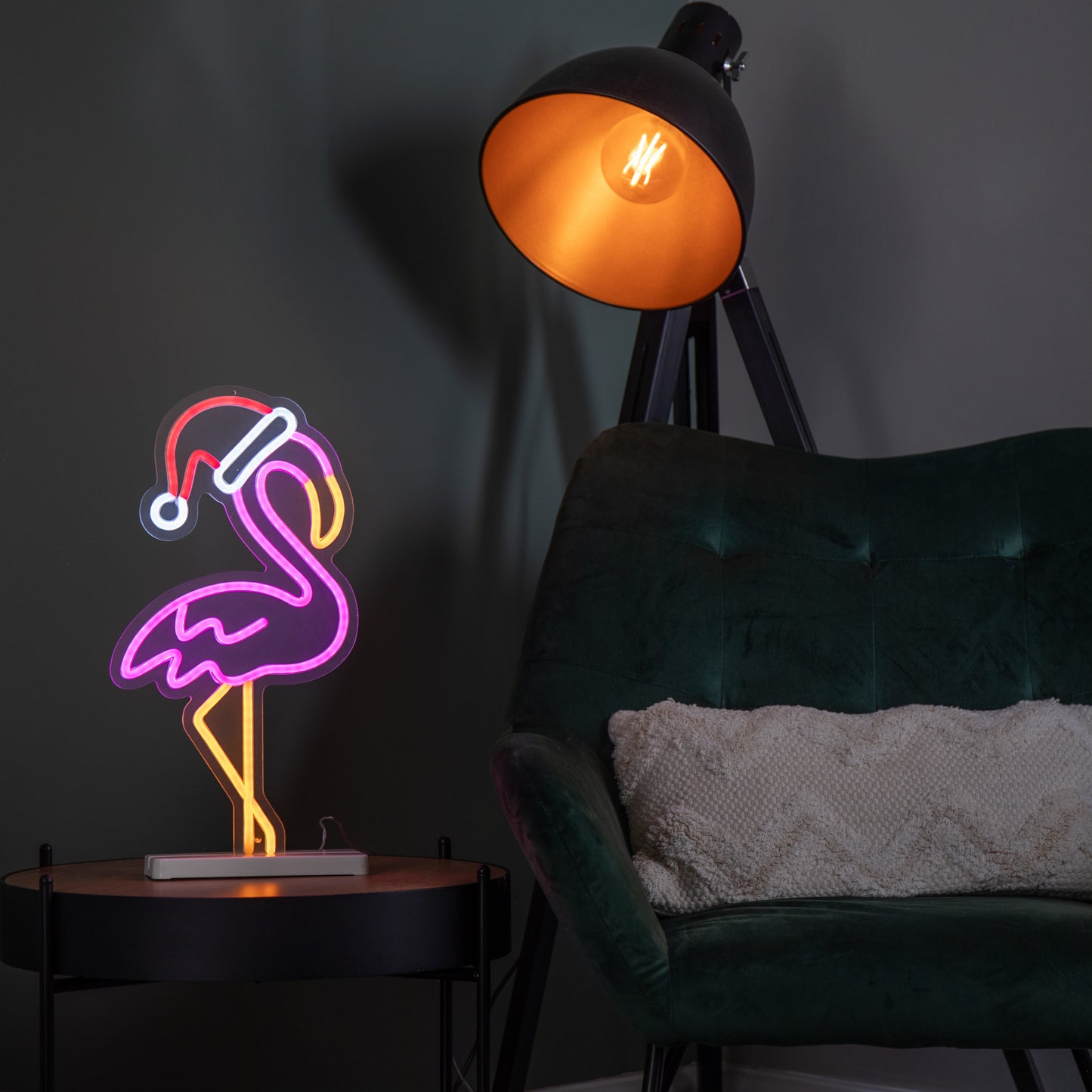 43cm Light up Neon Effect Flamingo with Santa Hat on Base with Multi-Coloured LEDs
