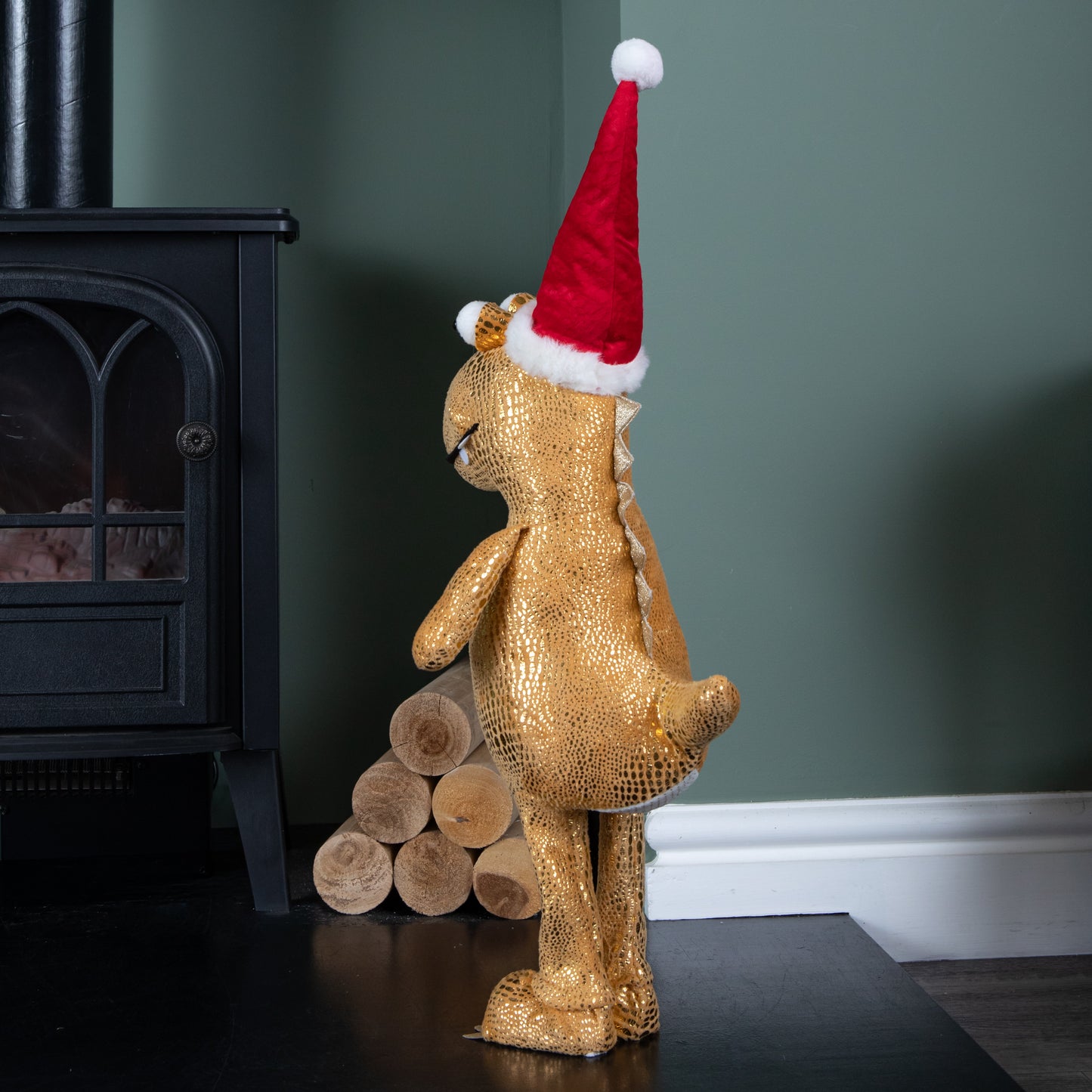60cm Gold Plush Tyrone-Rex Dino Standing Christmas Decoration with Santa Hat