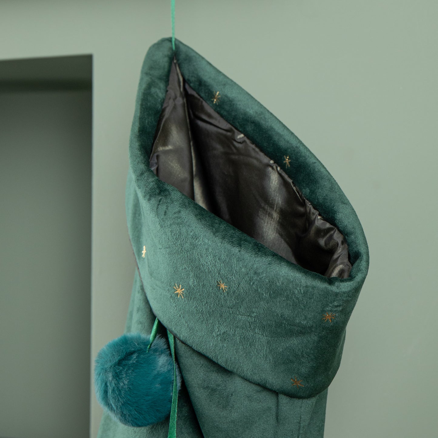 70cm Hanging Dark Green Velour Star Print Christmas Stocking with Pom Poms
