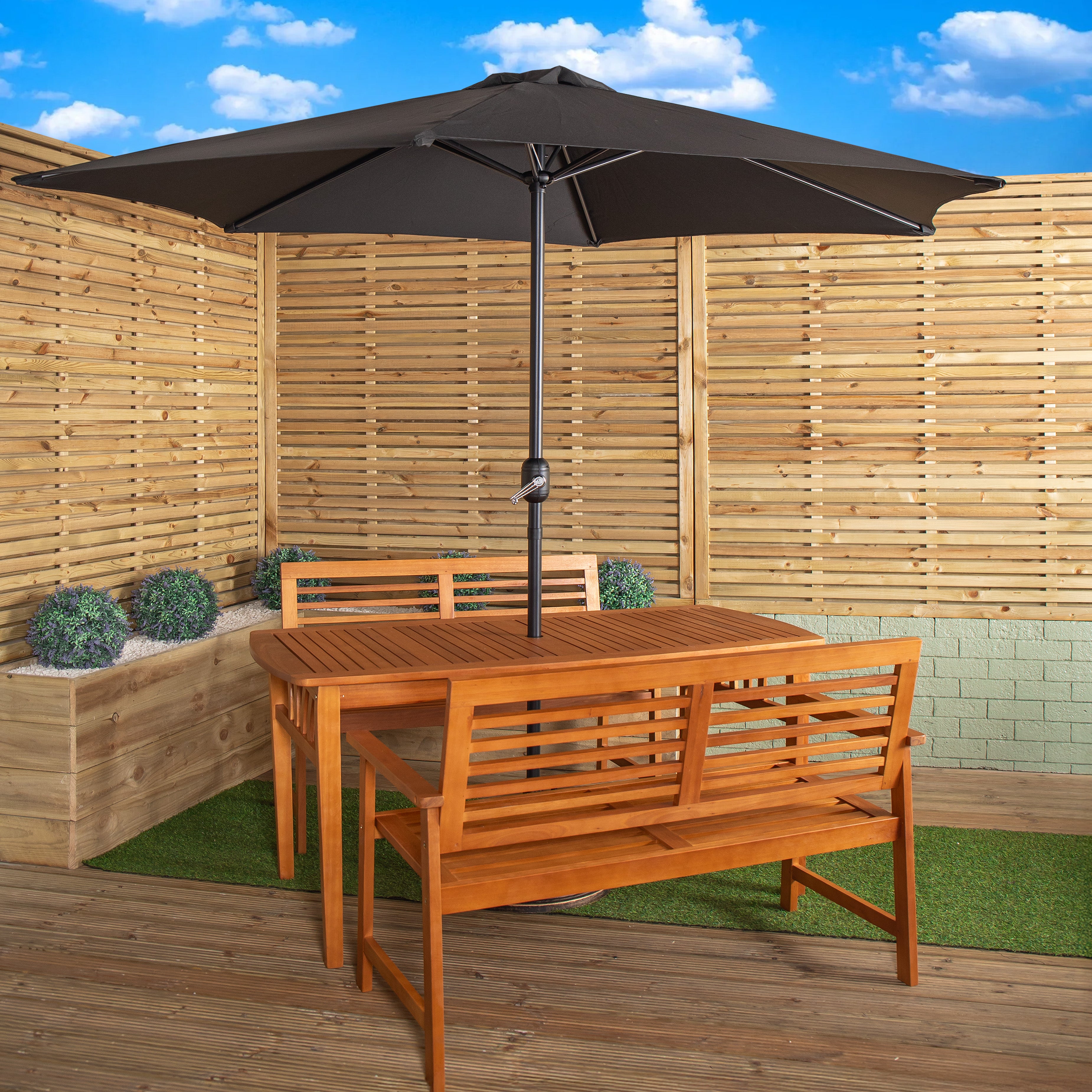 Outdoor 4 Person Rectangular Wooden Garden Table, 2 Benches with Black Havana Parasol & Base