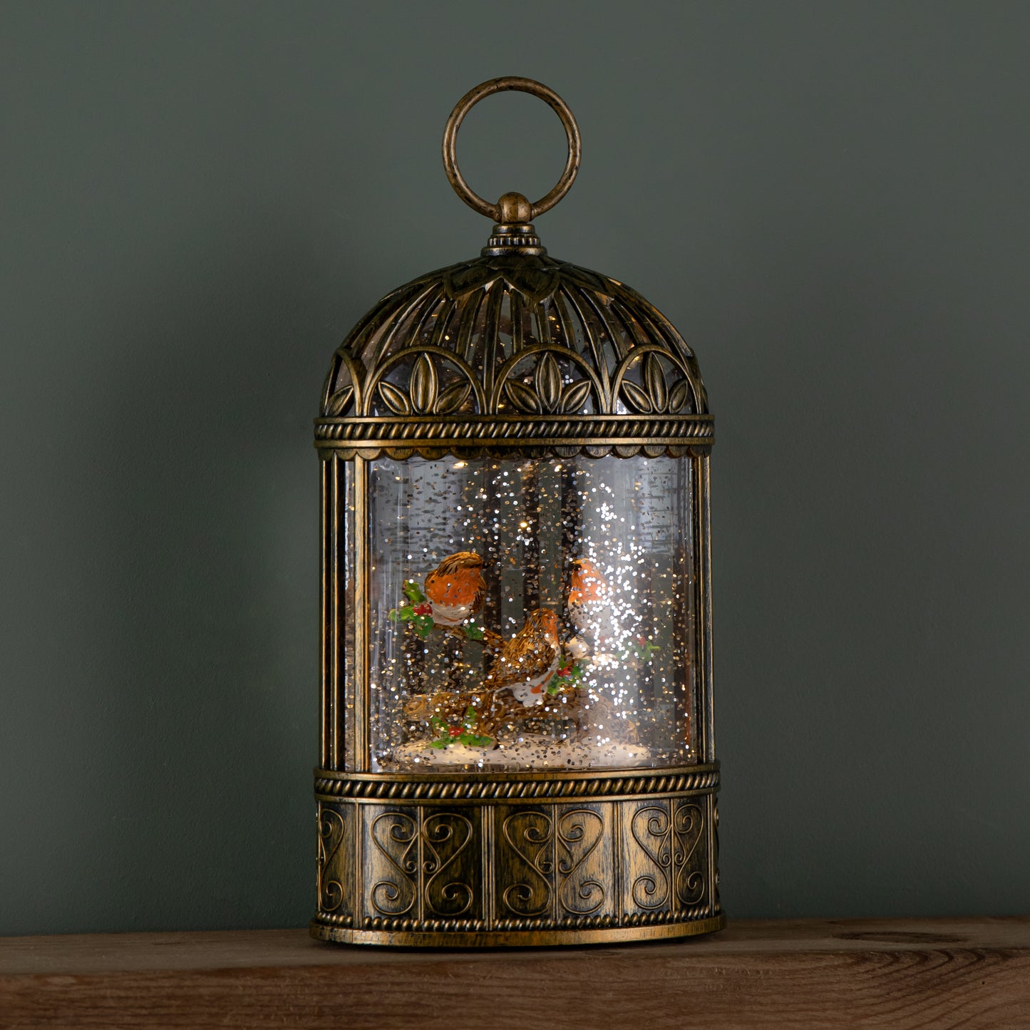 24cm Dual Powered Light up Christmas Cage Water Spinner with Robin Scene & LEDs