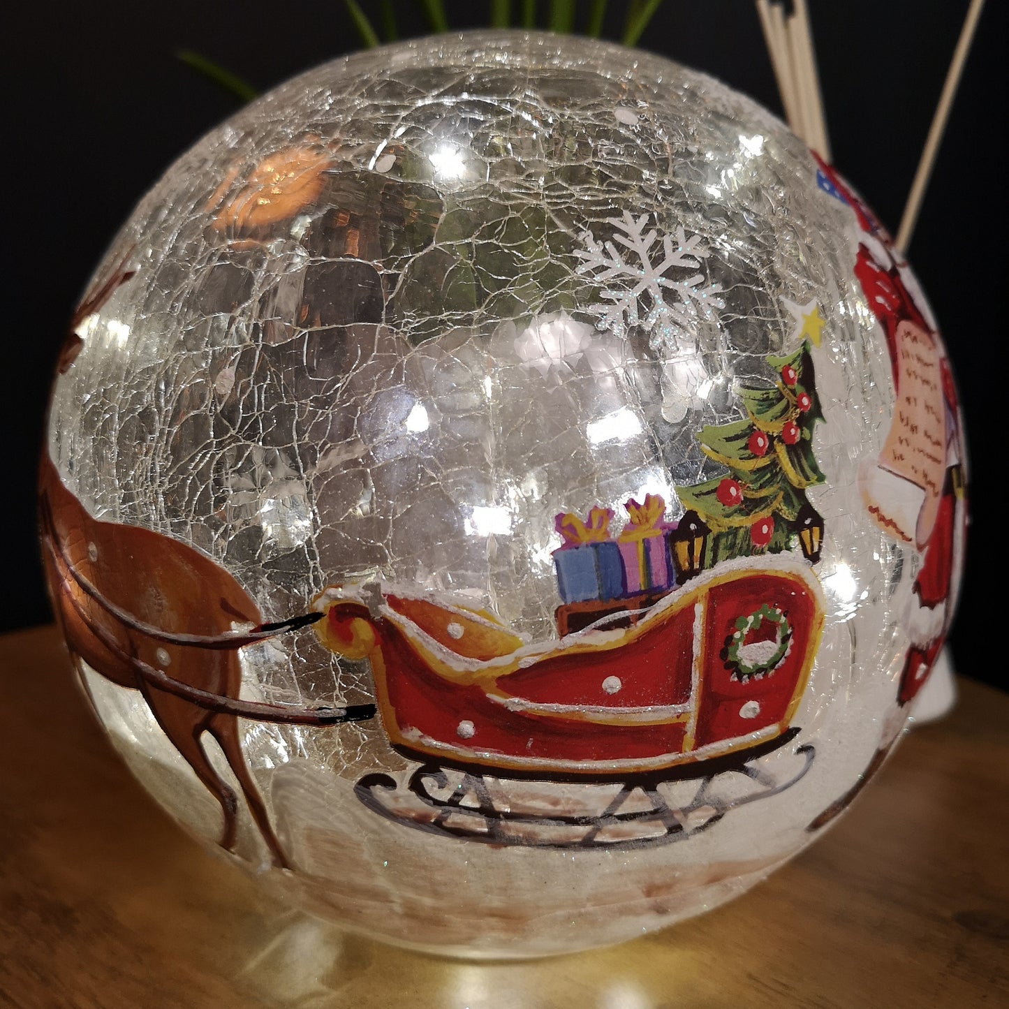 20cm Battery Operated Warm White LED Crackle Effect Ball Christmas Decoration with Santa