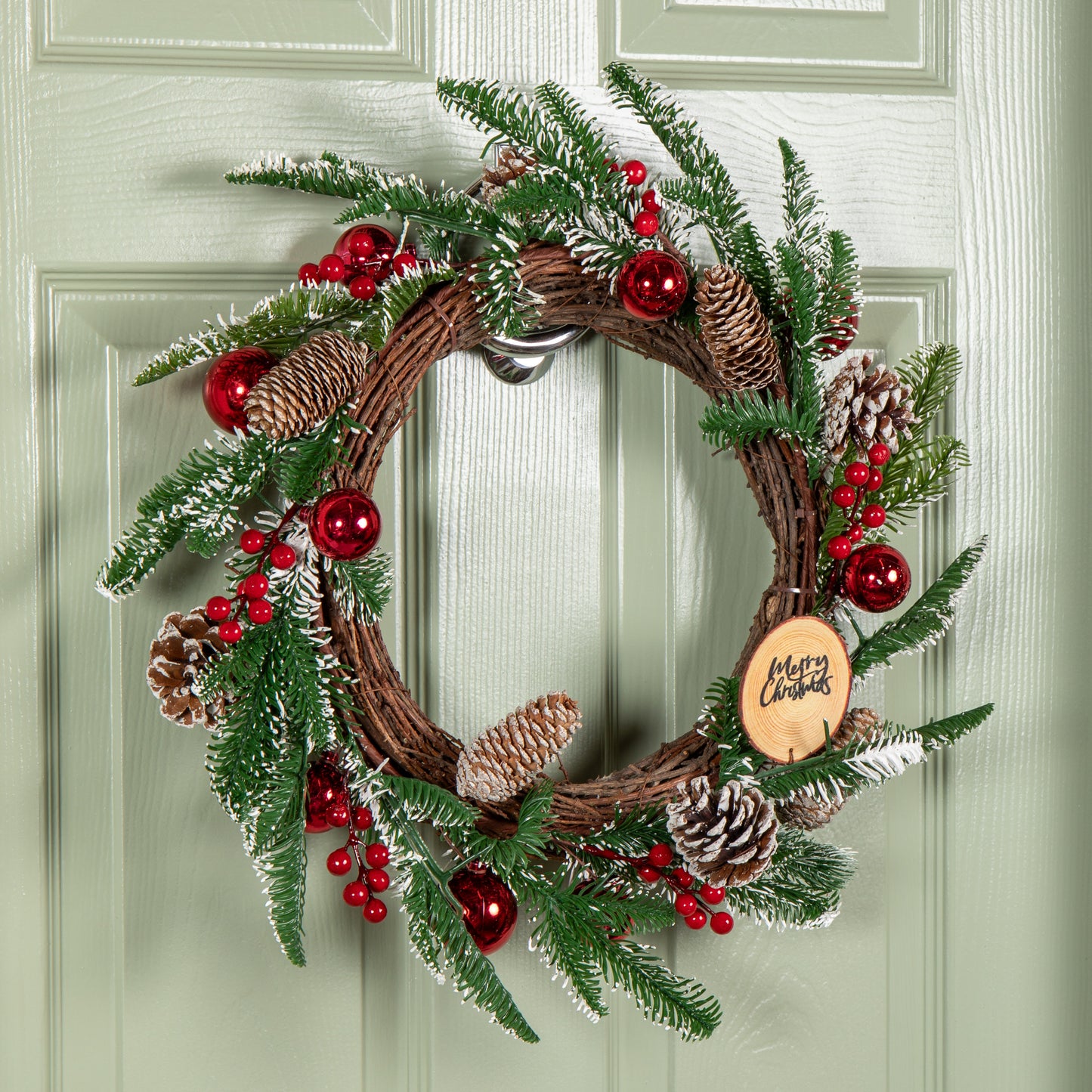 50cm Christmas Pinecone Wreath with Red Berries and Baubles