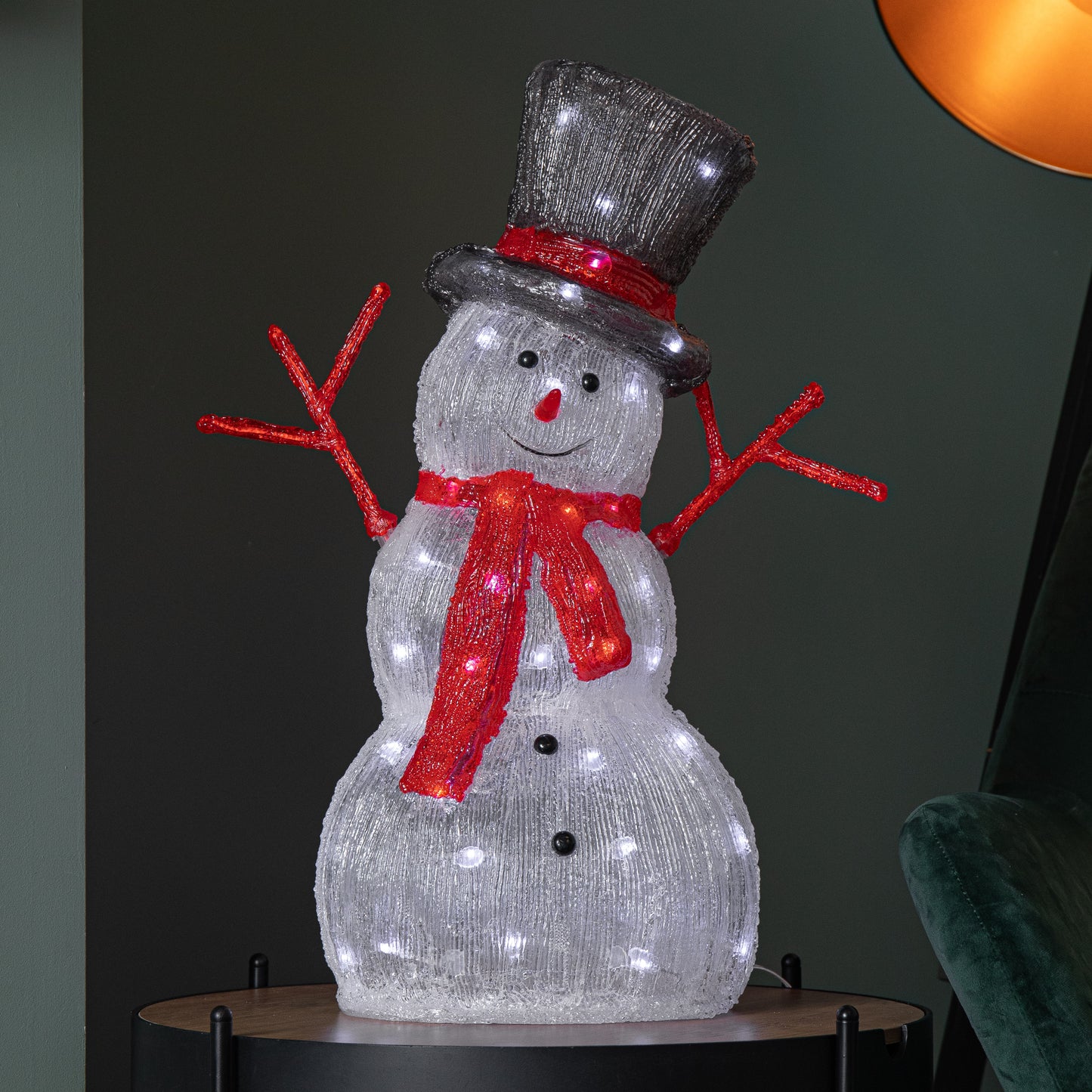 55cm Light up Acrylic Christmas Snowman with Top Hat & Scarf with White LEDs