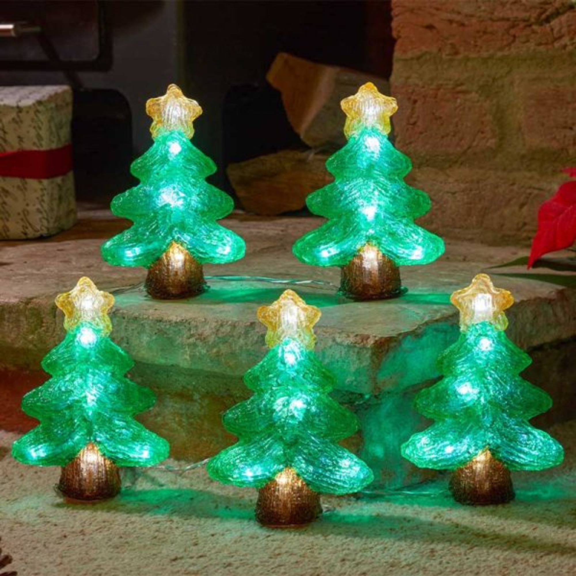 12cm Set of 5 Battery Operated Light up Christmas Tree Ornaments with 50 Cool White LEDs
